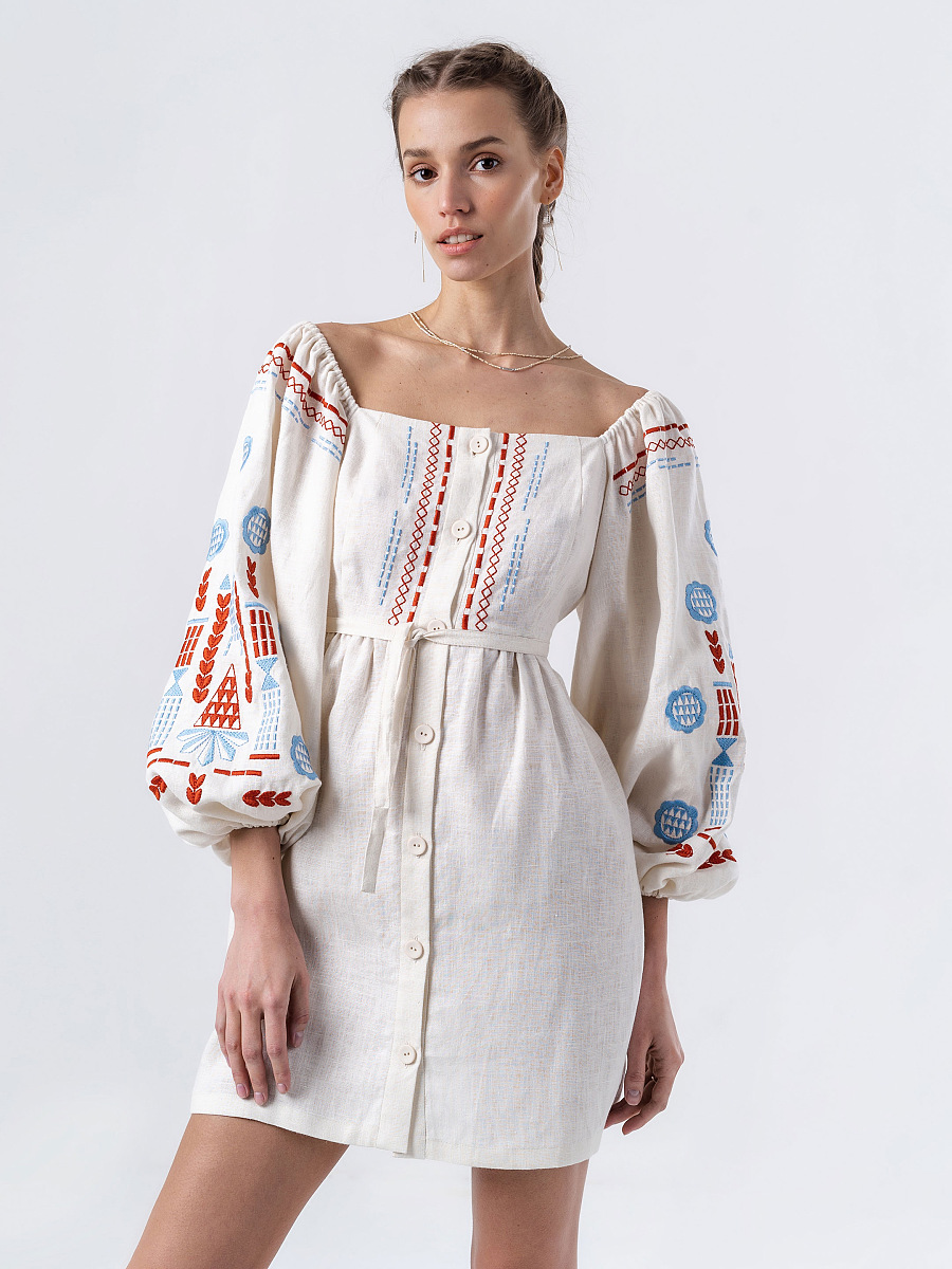 Linen embroidered dress with milk color Mosaic [0]