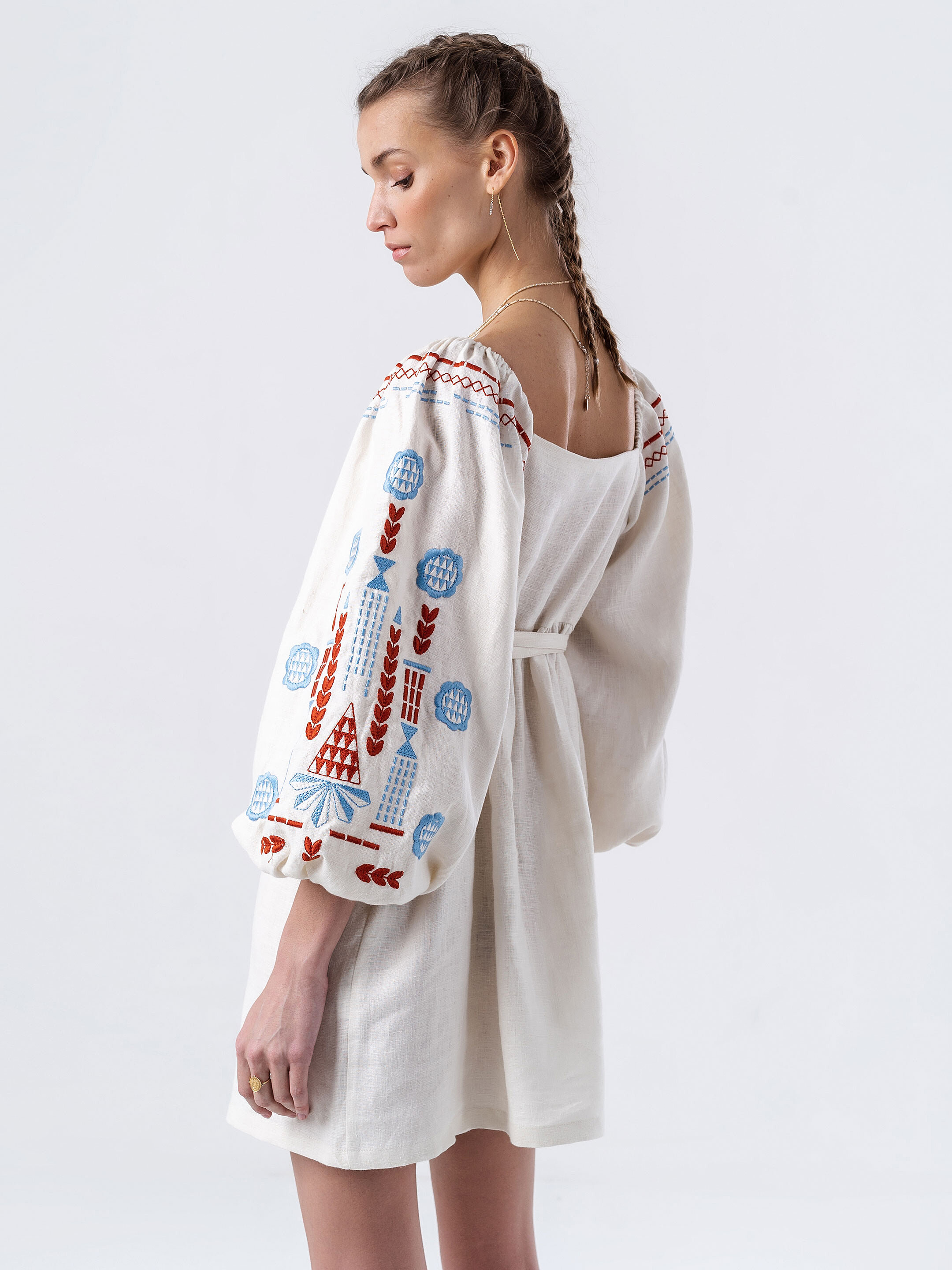 Linen embroidered dress with milk color MOZAIKA in Ukraine