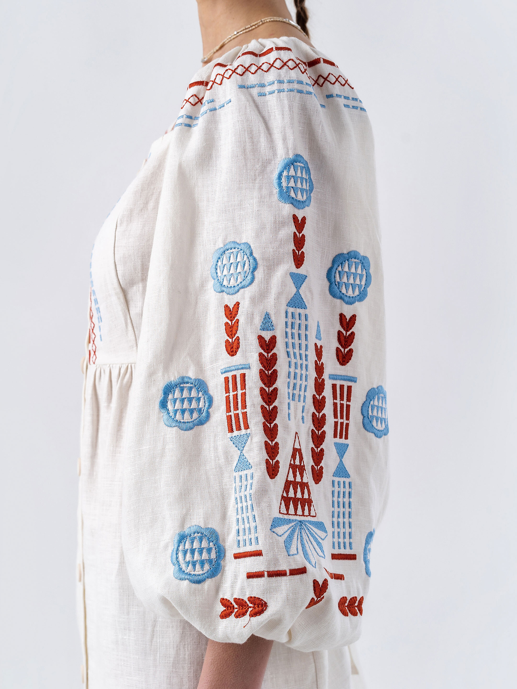 Linen embroidered dress with milk color MOZAIKA ціна