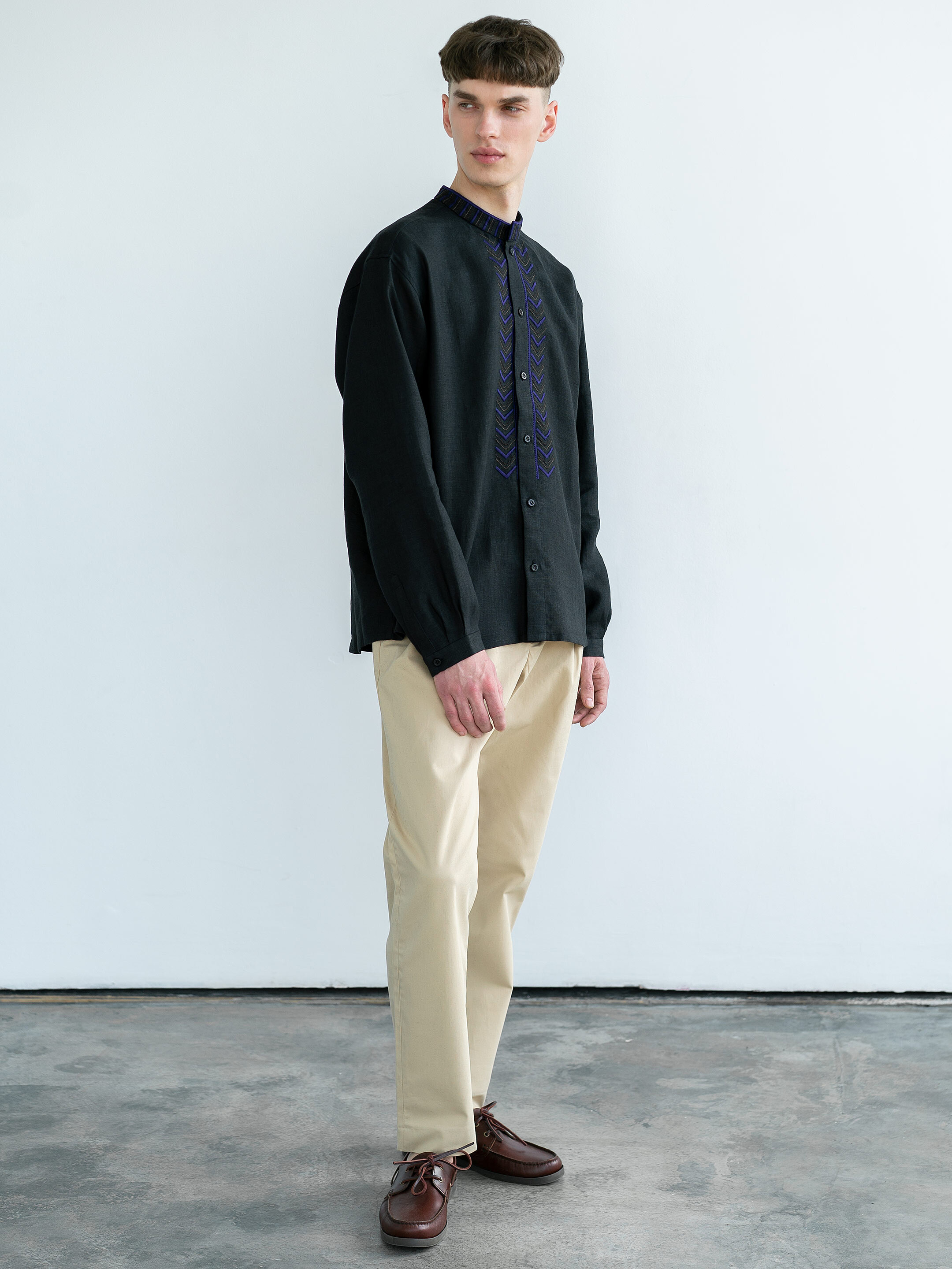Black linen shirt with embroidery Victory in Ukraine
