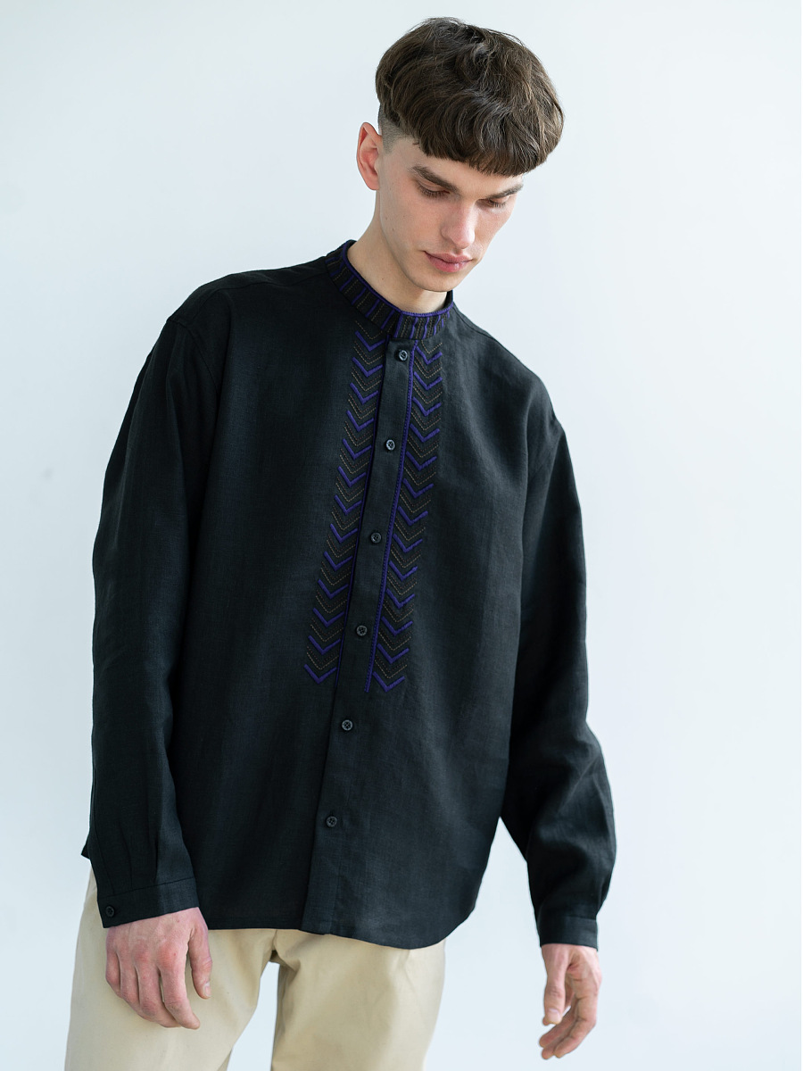 Black linen shirt with embroidery Victory [0]