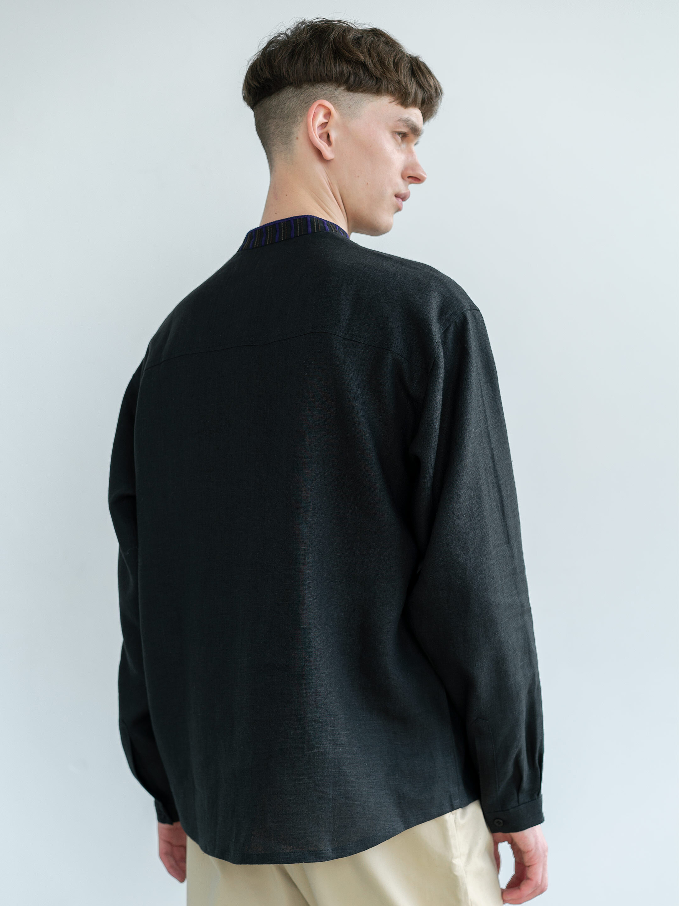 Black linen shirt with embroidery Victory fitting
