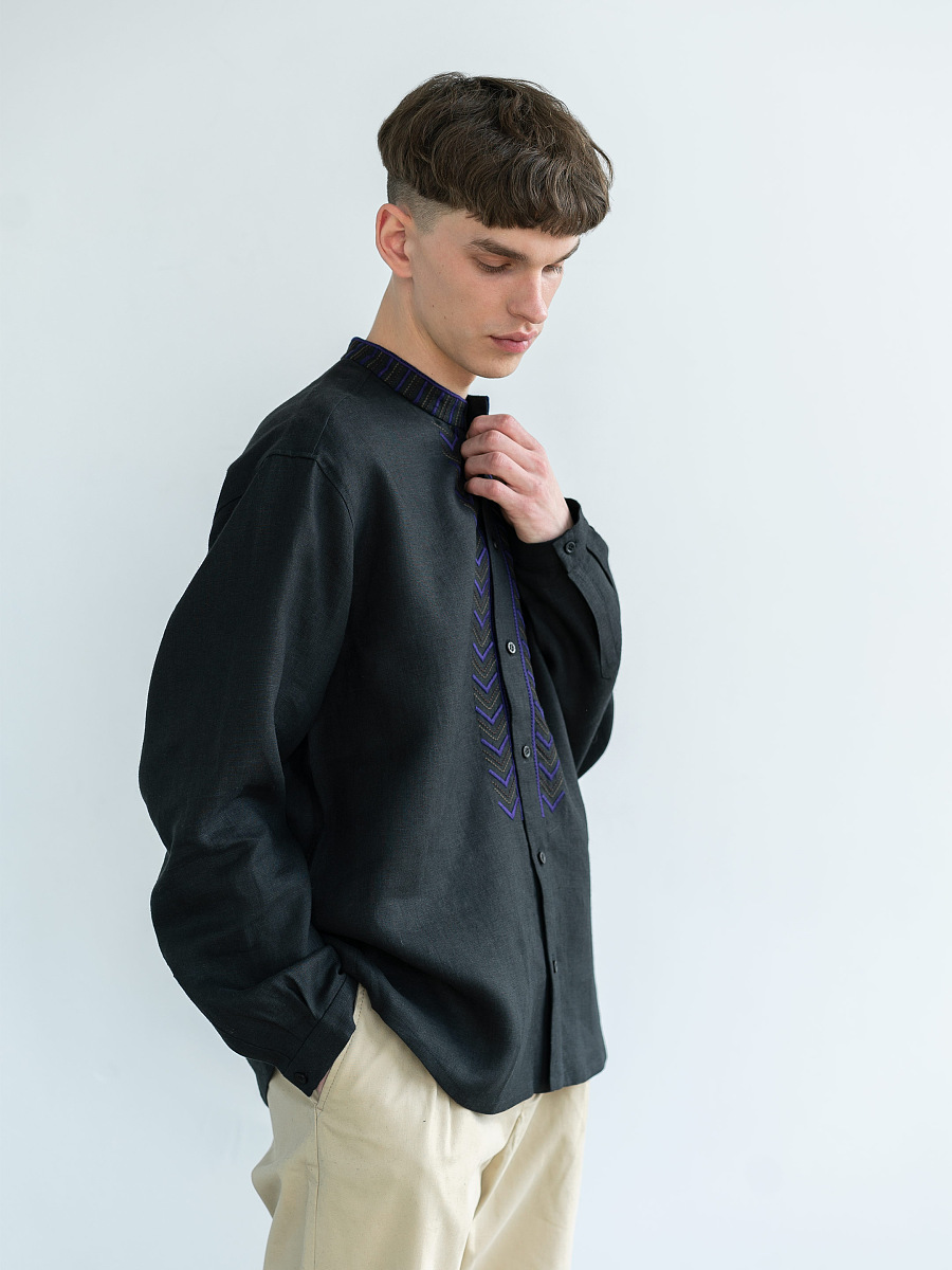 Black linen shirt with embroidery Victory [0]