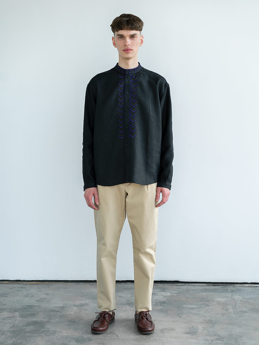 Black linen shirt with embroidery Victory [0]