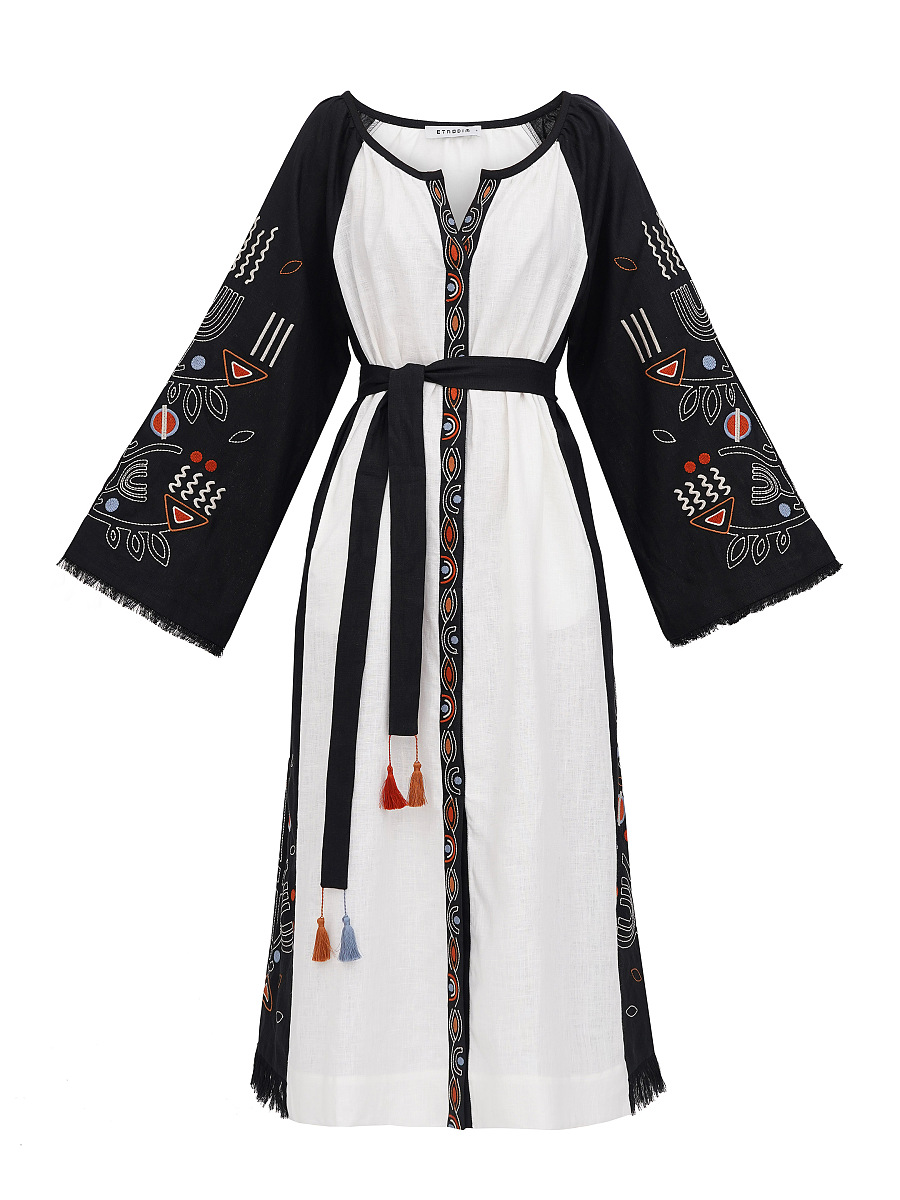 Free cut linen dress in boho style Cometa black [0]