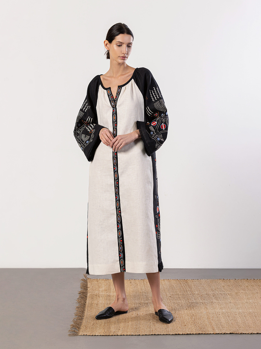 Free cut linen dress in boho style Cometa black [0]