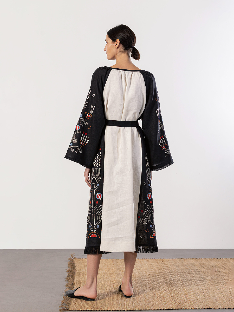 Free cut linen dress in boho style Cometa black [0]