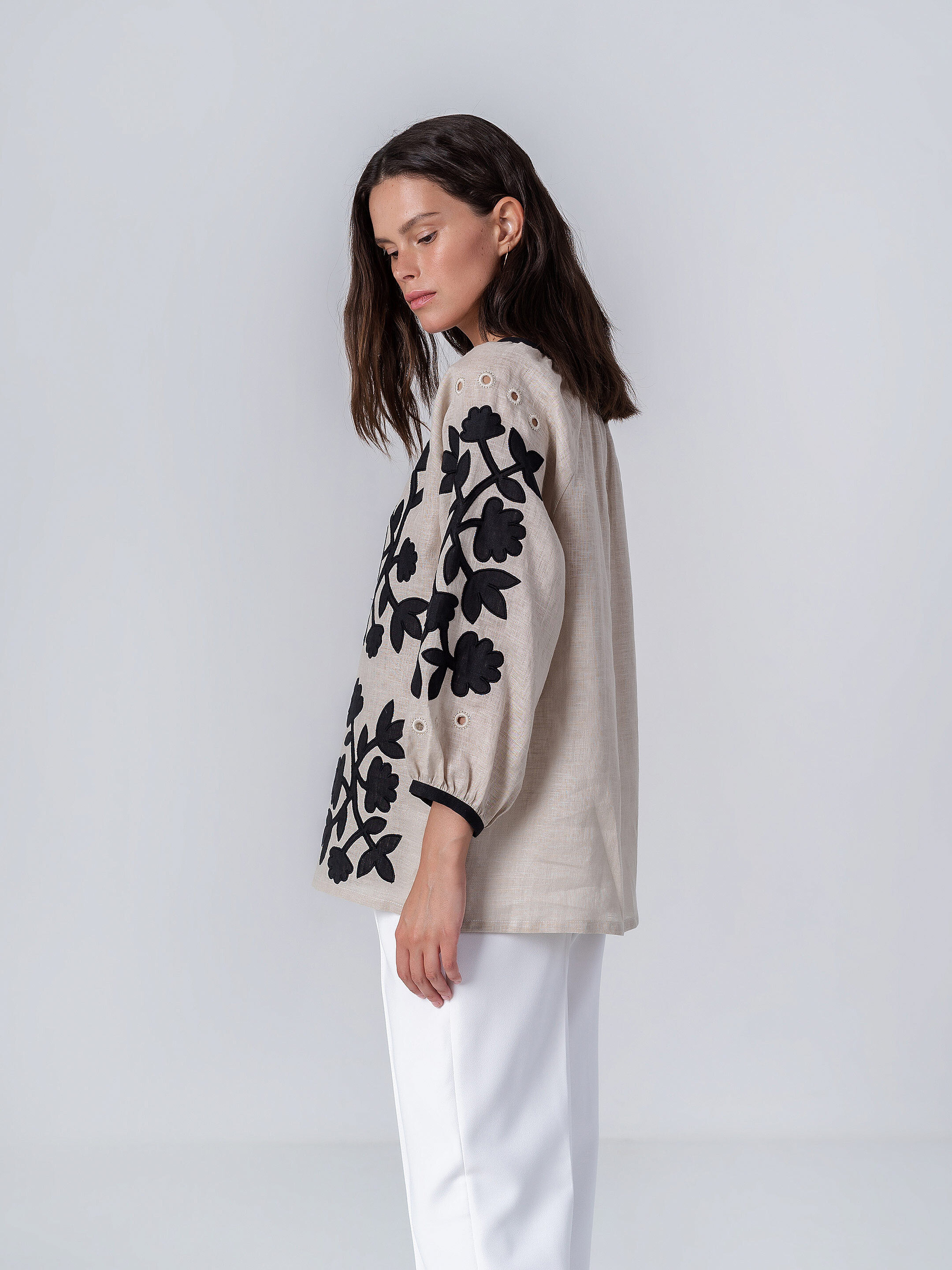 Linen blouse with applique Zagadka Black sizes
