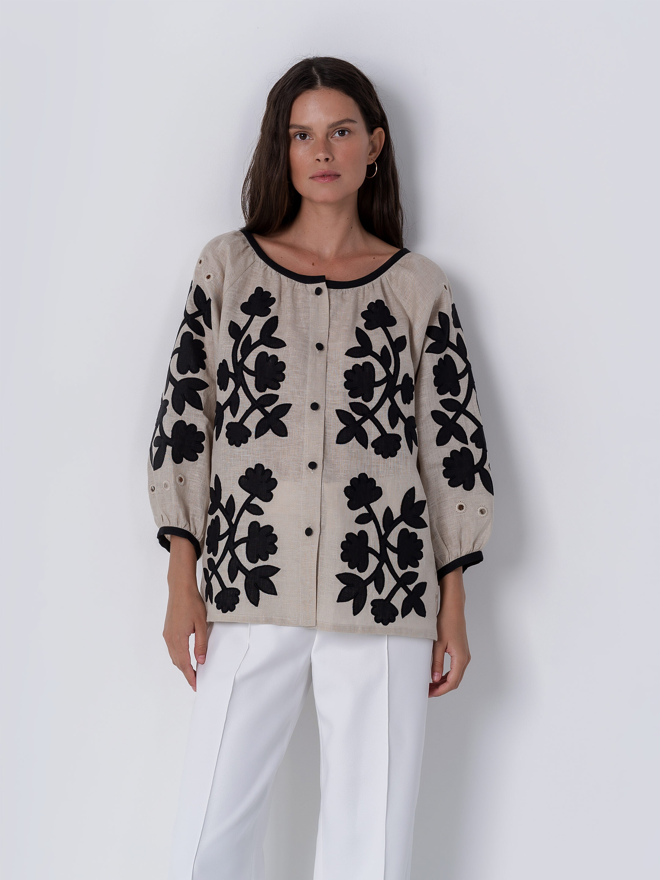 Linen blouse with applique Zagadka Black Buy
