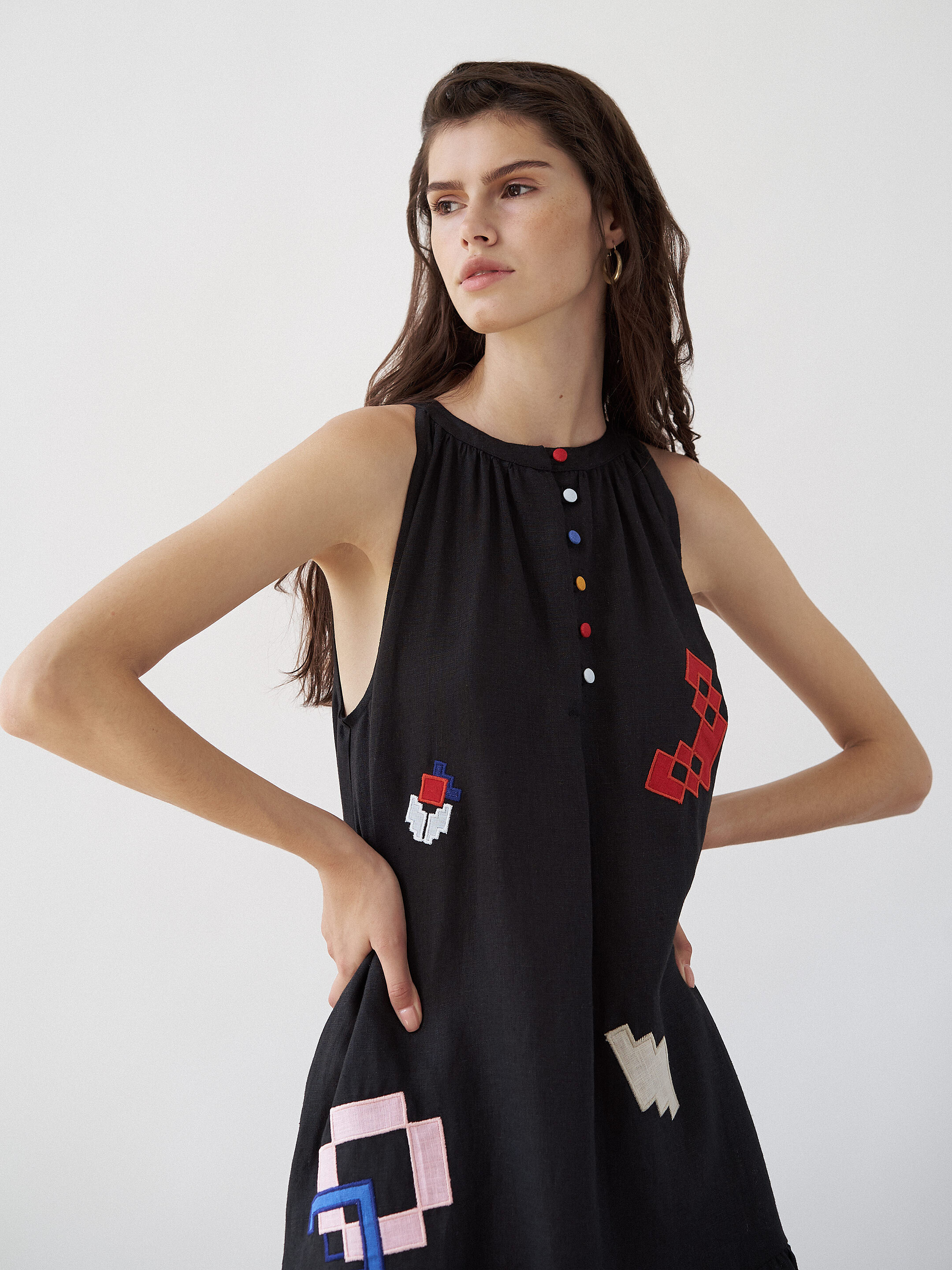 Linen sundress with applique Eva Summer Black Buy