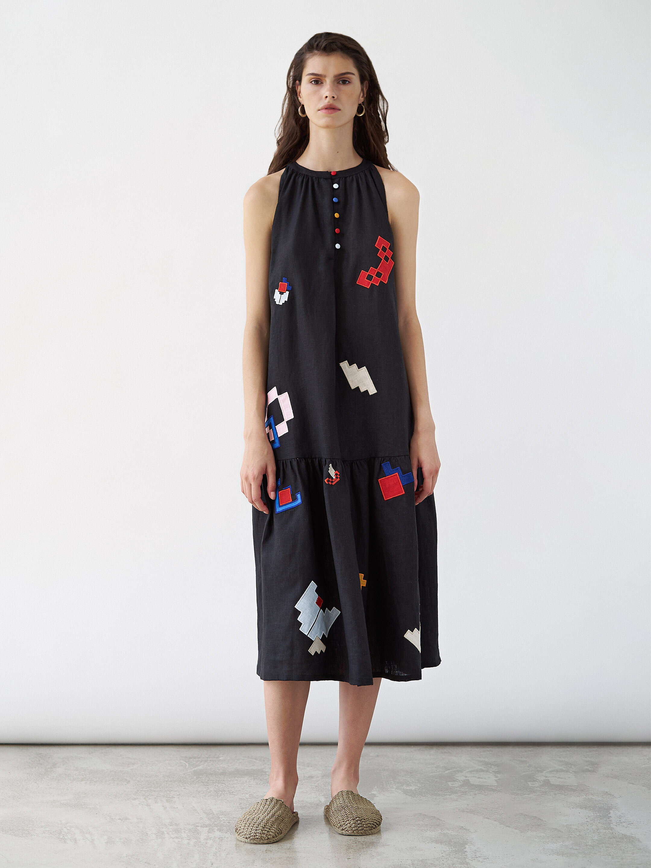 Linen sundress with applique Eva Summer Black cheap