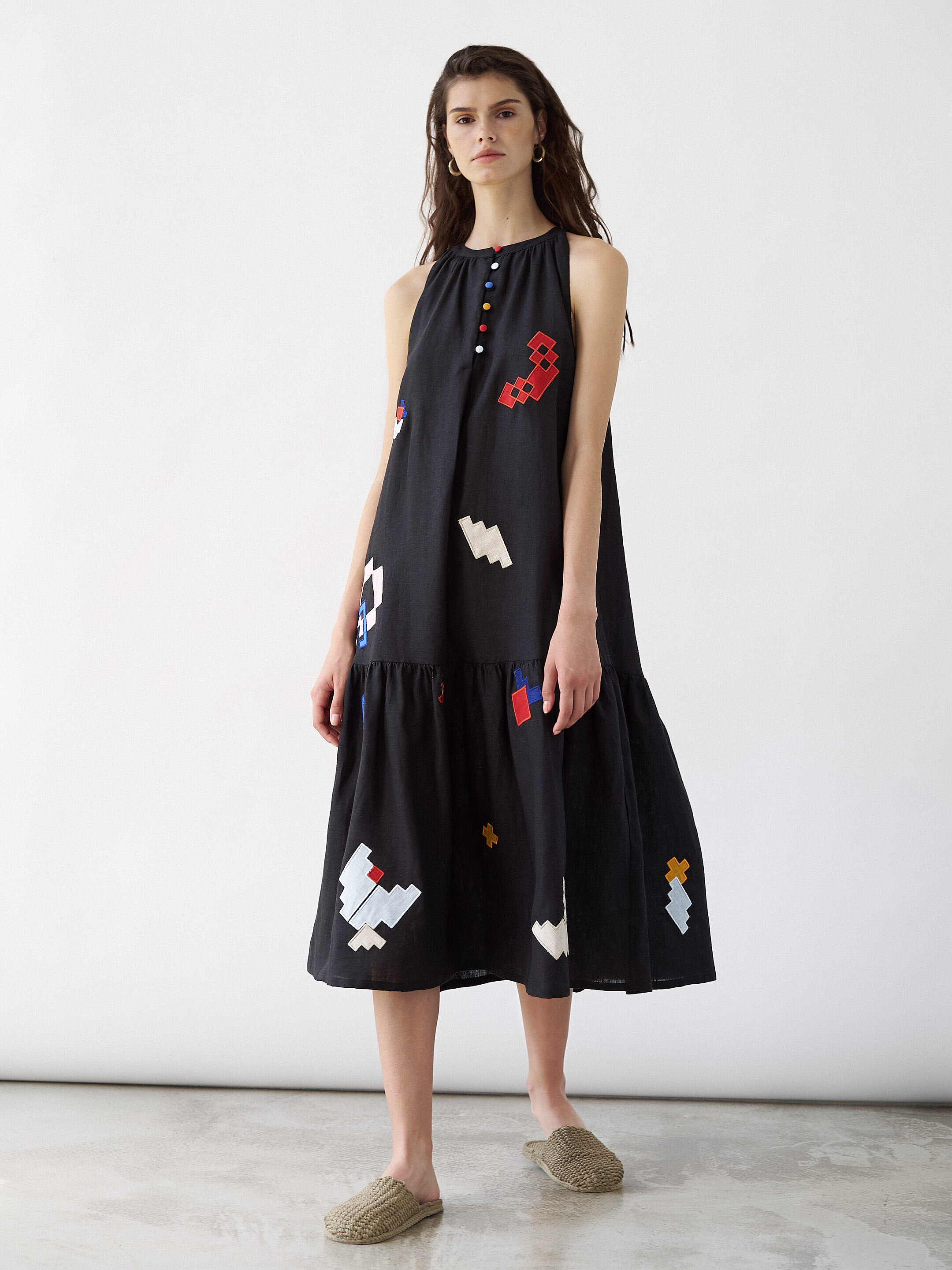 Linen sundress with applique Eva Summer Black choose