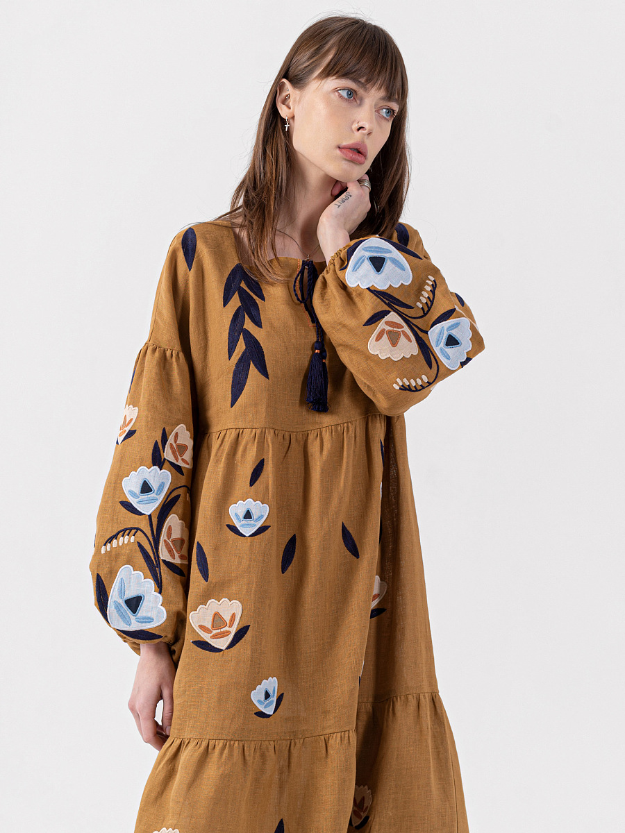 Linen dress with embroidery Kazka Brown [0]