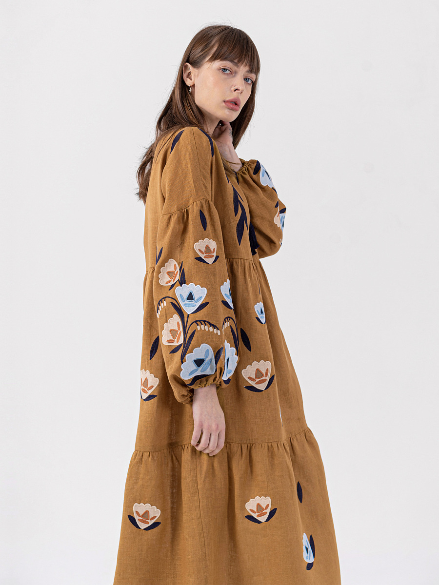 Linen dress with embroidery Kazka Brown [0]