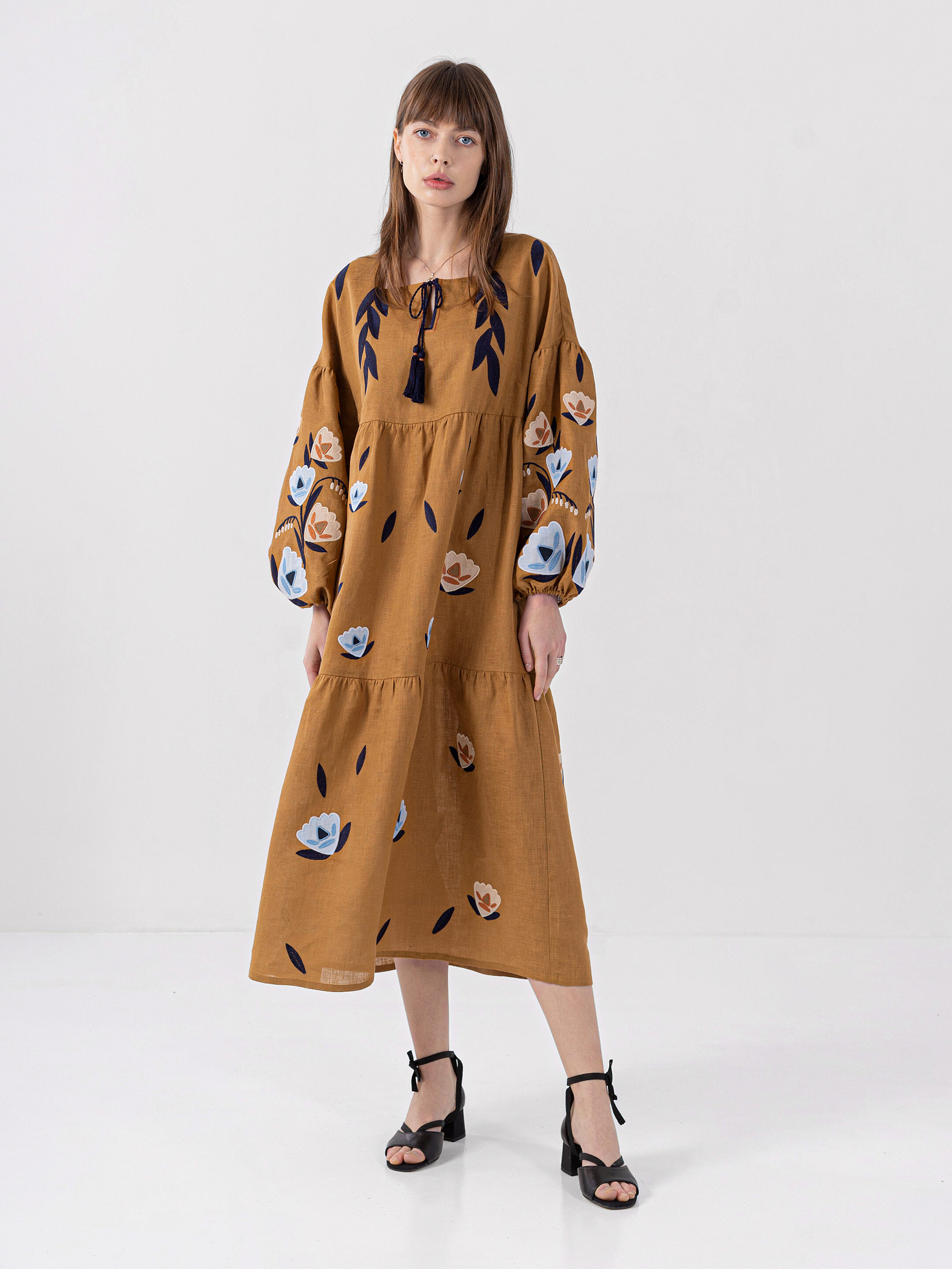 Linen dress with embroidery Kazka Brown Buy