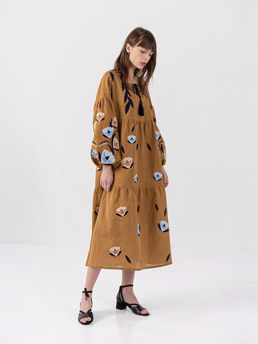 Linen dress with embroidery Kazka Brown [0]