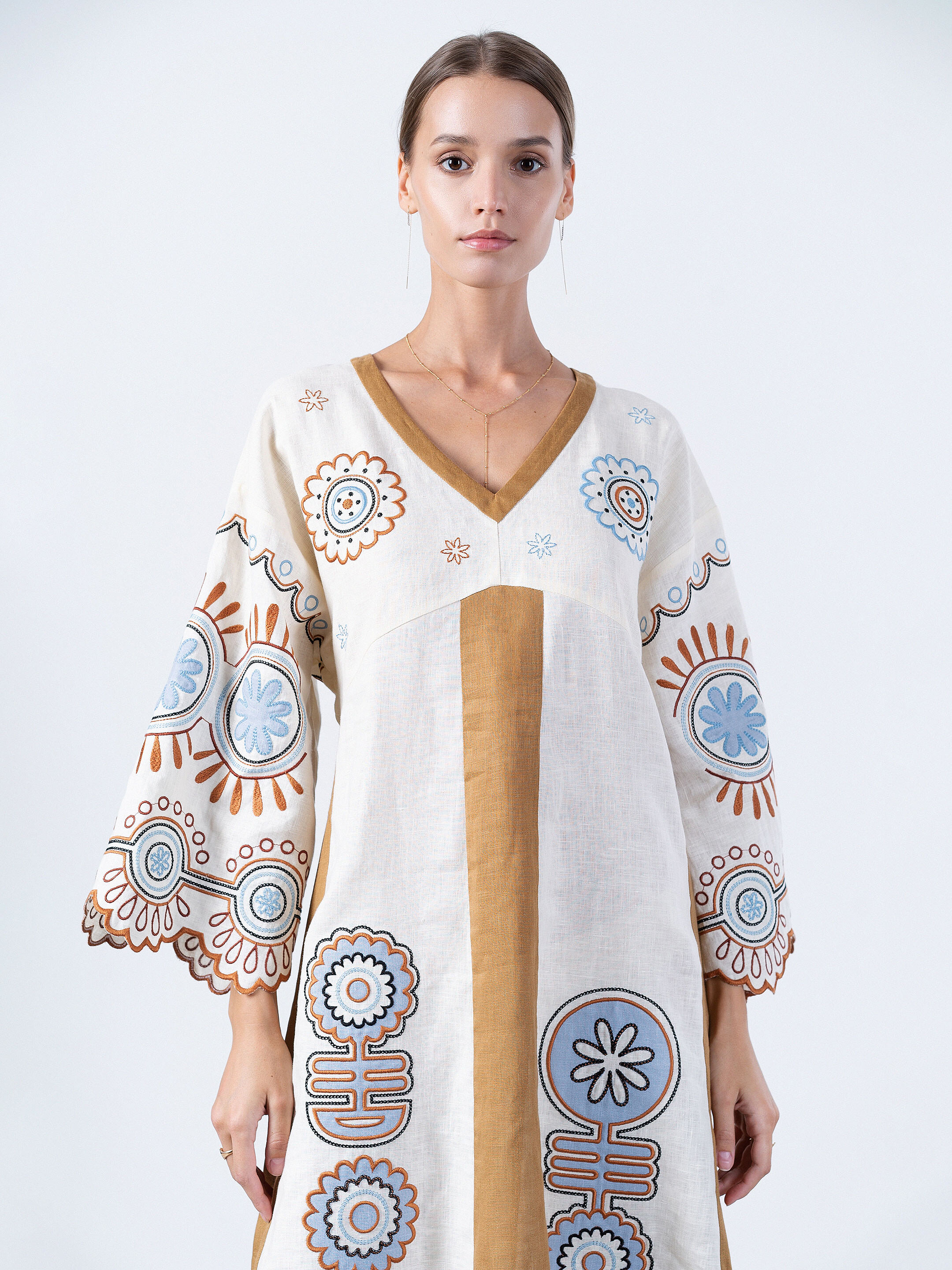Linen midi-dress in milk color with applique Gloria cheap