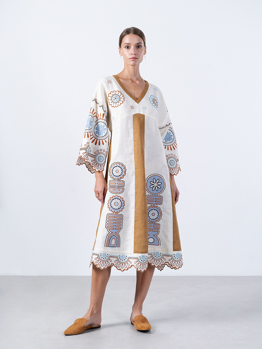 Linen midi-dress in milk color with applique Gloria [0]