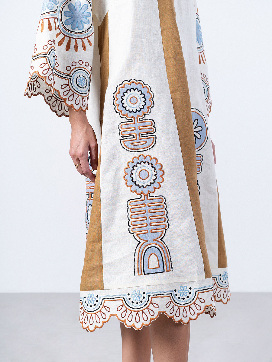 Linen midi-dress in milk color with applique Gloria [0]