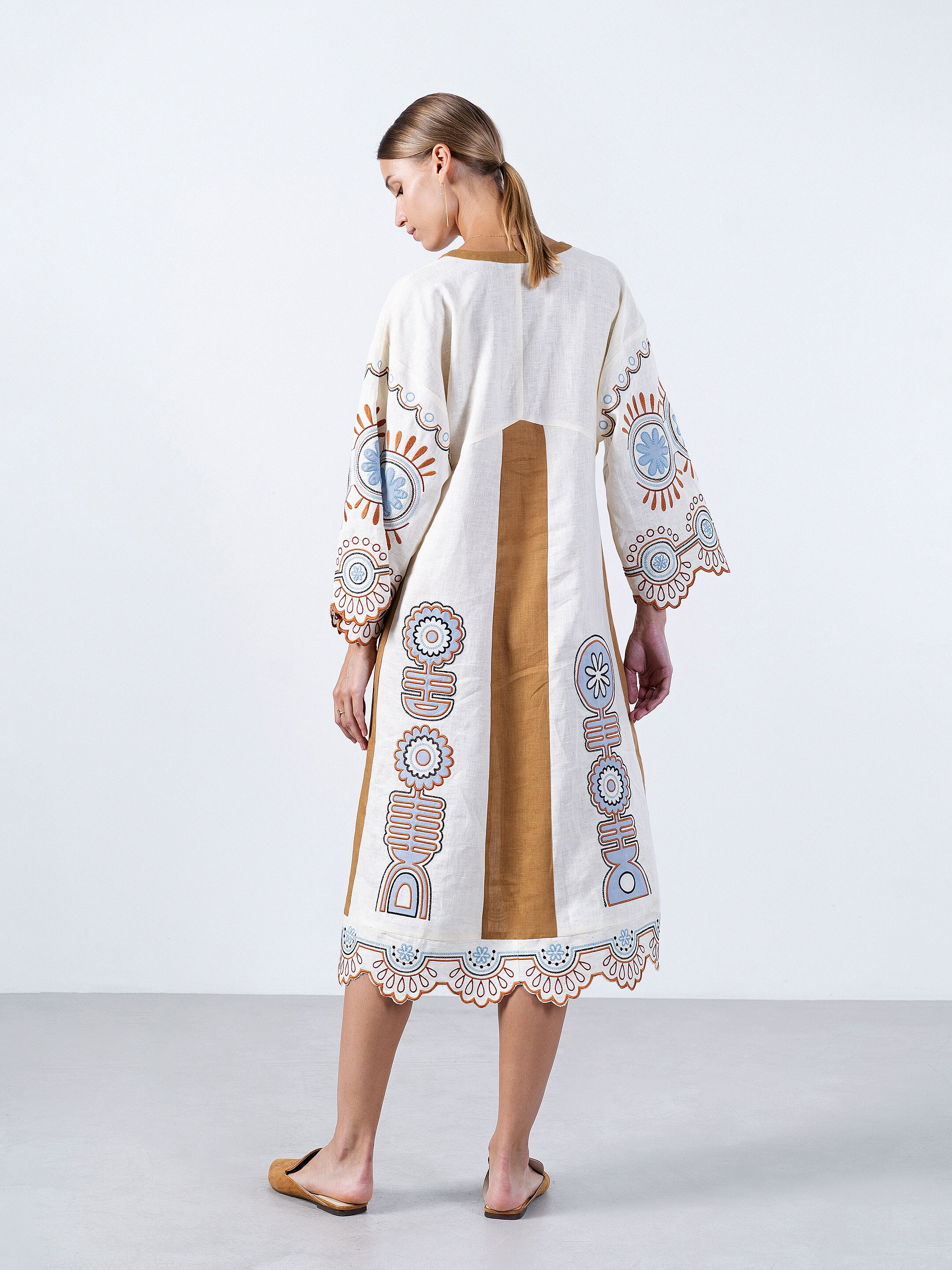 Linen midi-dress in milk color with applique Gloria in Ukraine