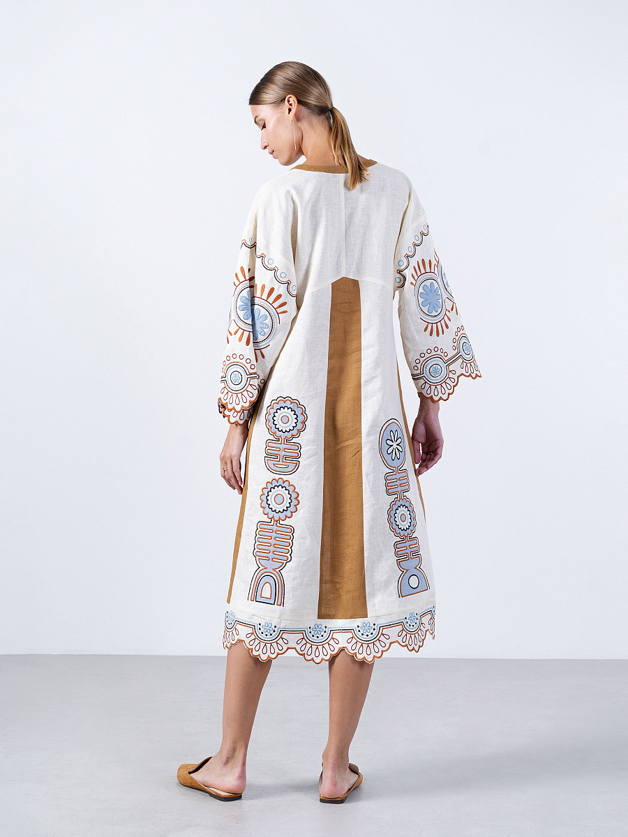 Linen midi-dress in milk color with applique Gloria [0]