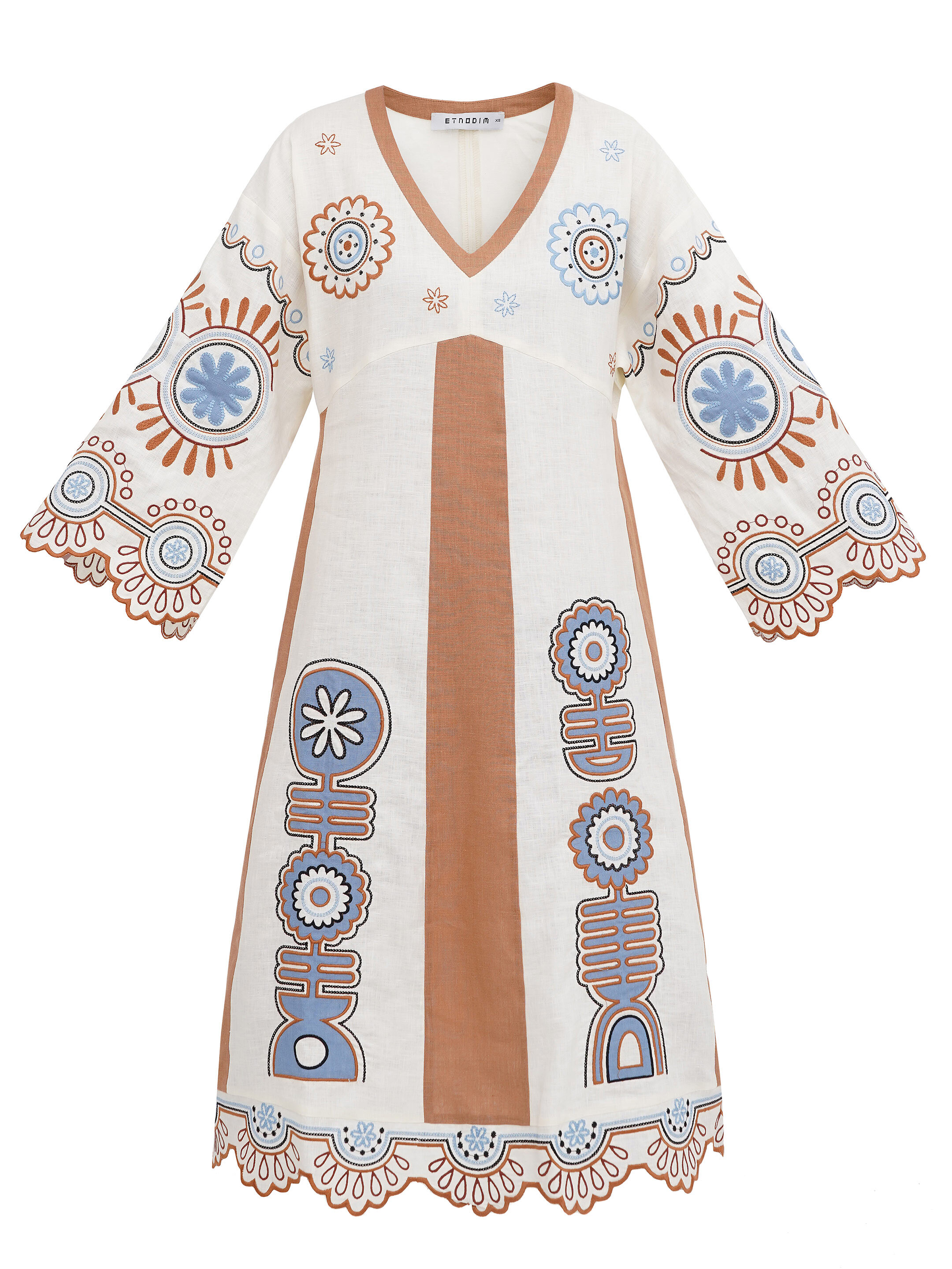 Linen midi-dress in milk color with applique Gloria sizes