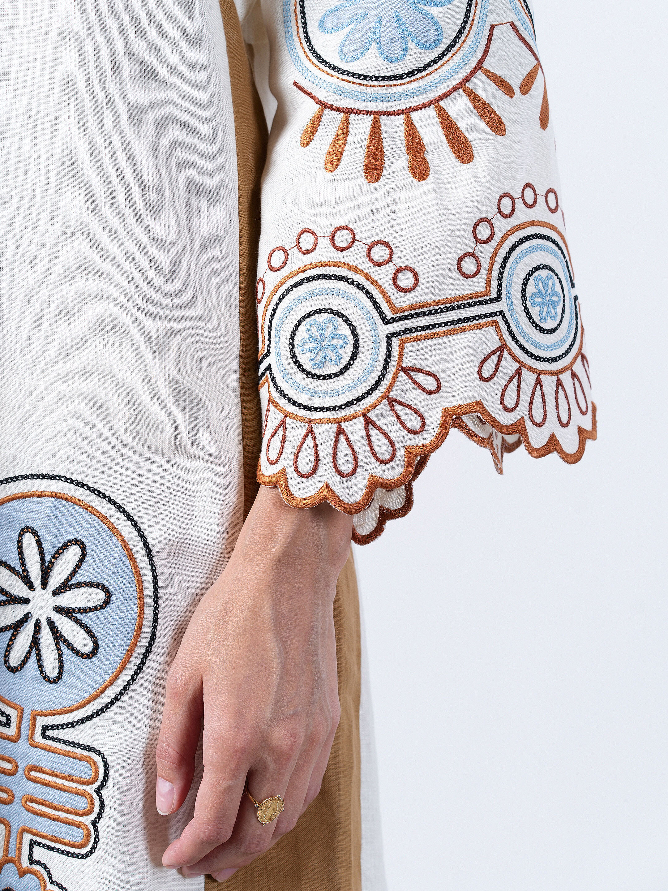 Linen midi-dress in milk color with applique Gloria photo