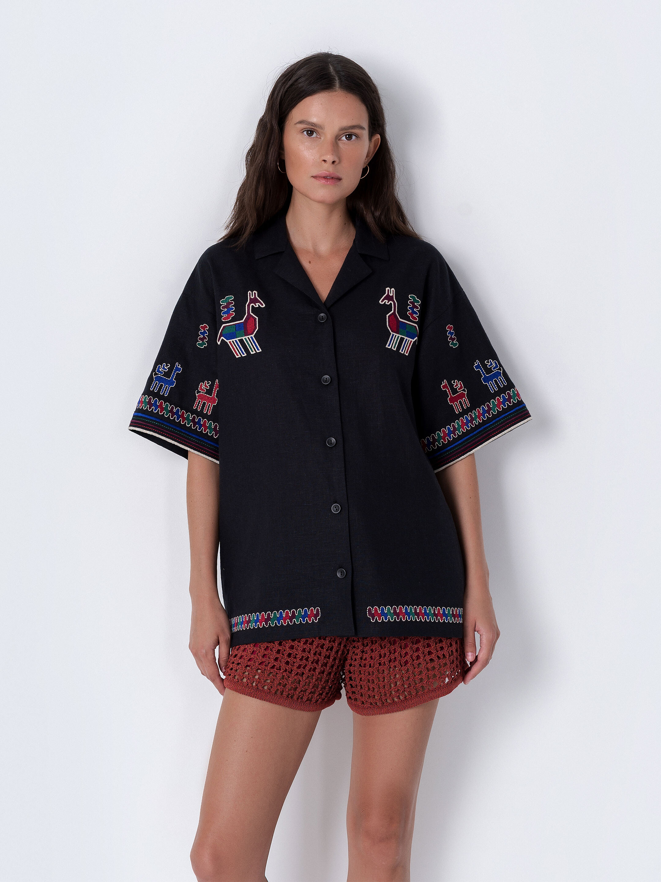 Linen shirt with short sleeves and embroidery Konyk dark Buy