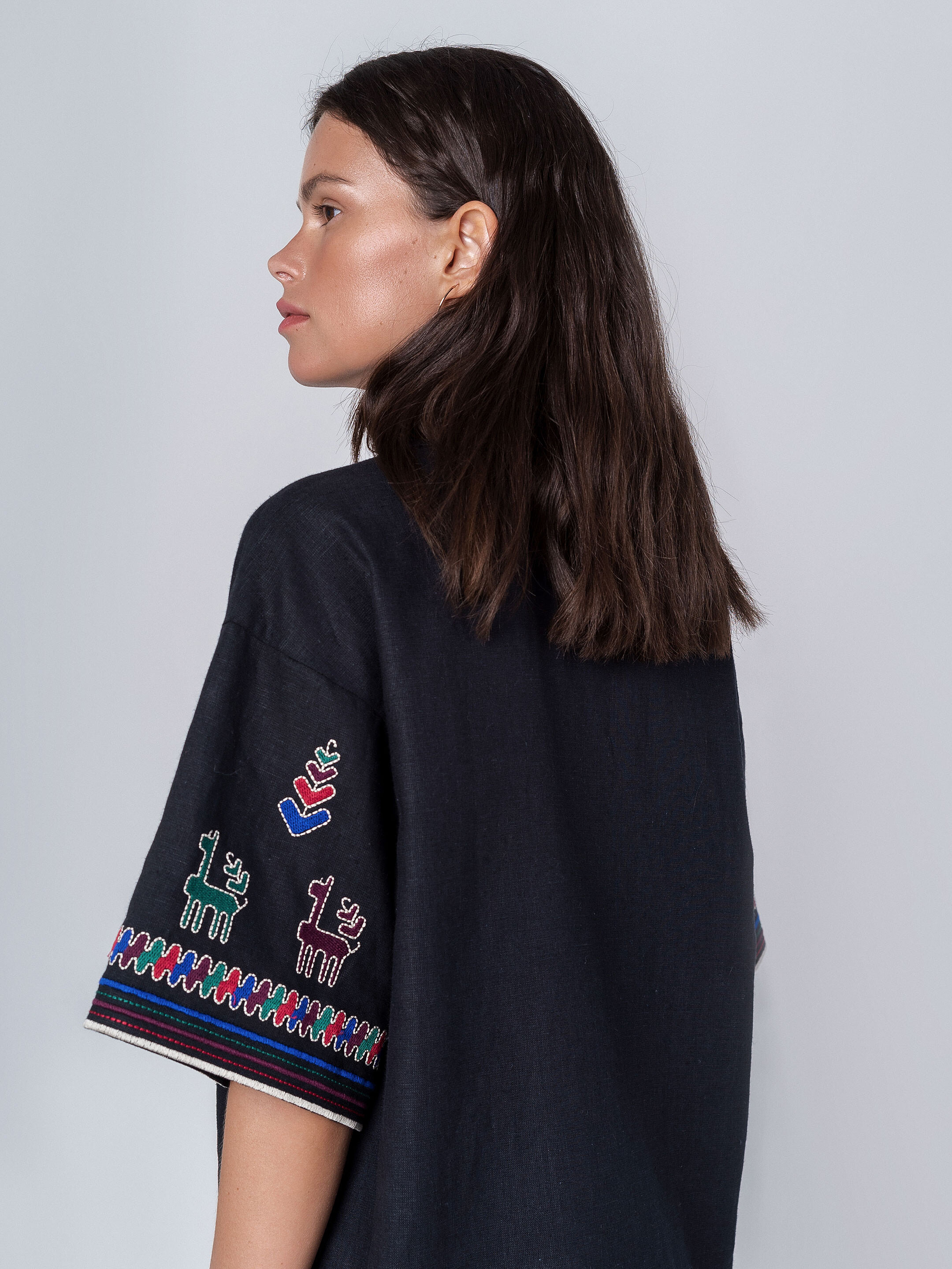 Linen shirt with short sleeves and embroidery Konyk dark ціна