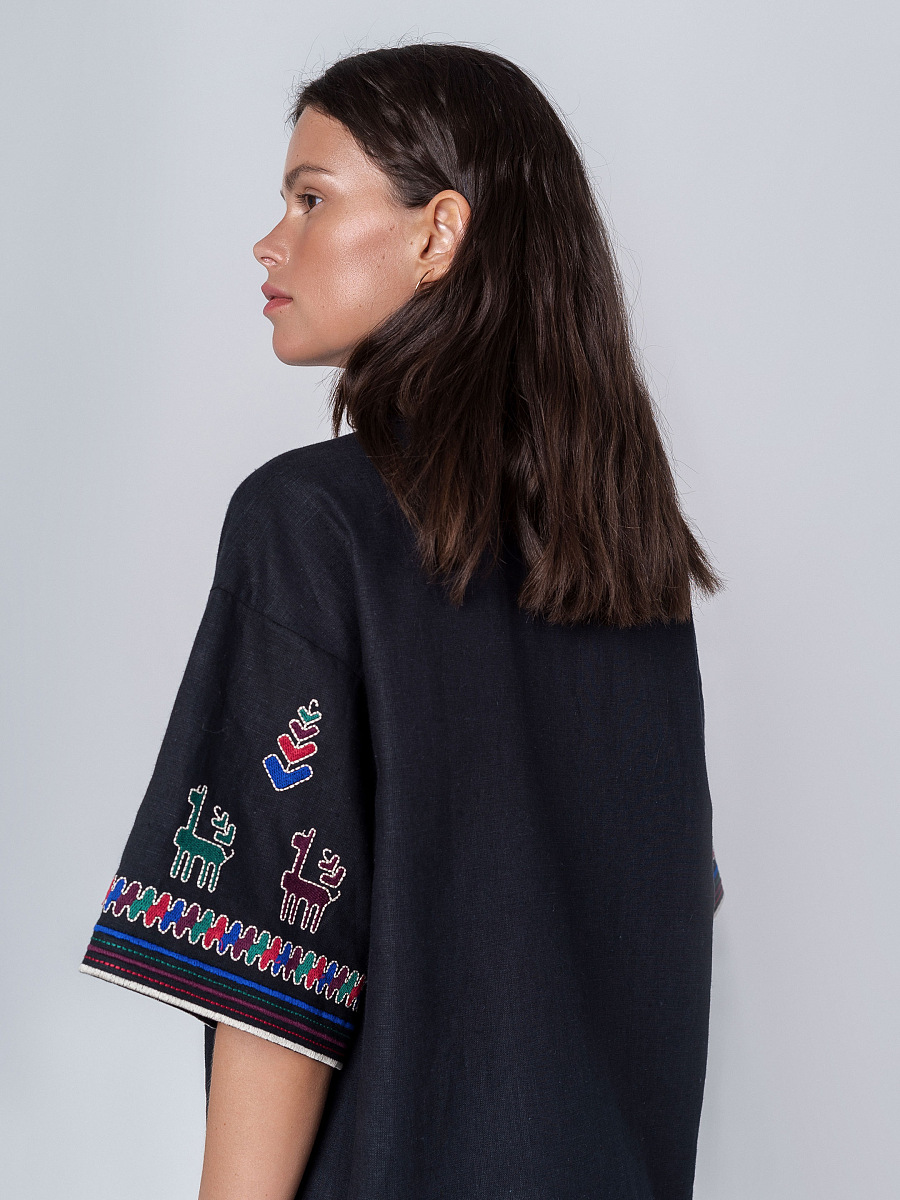 Linen shirt with short sleeves and embroidery Konyk dark [0]