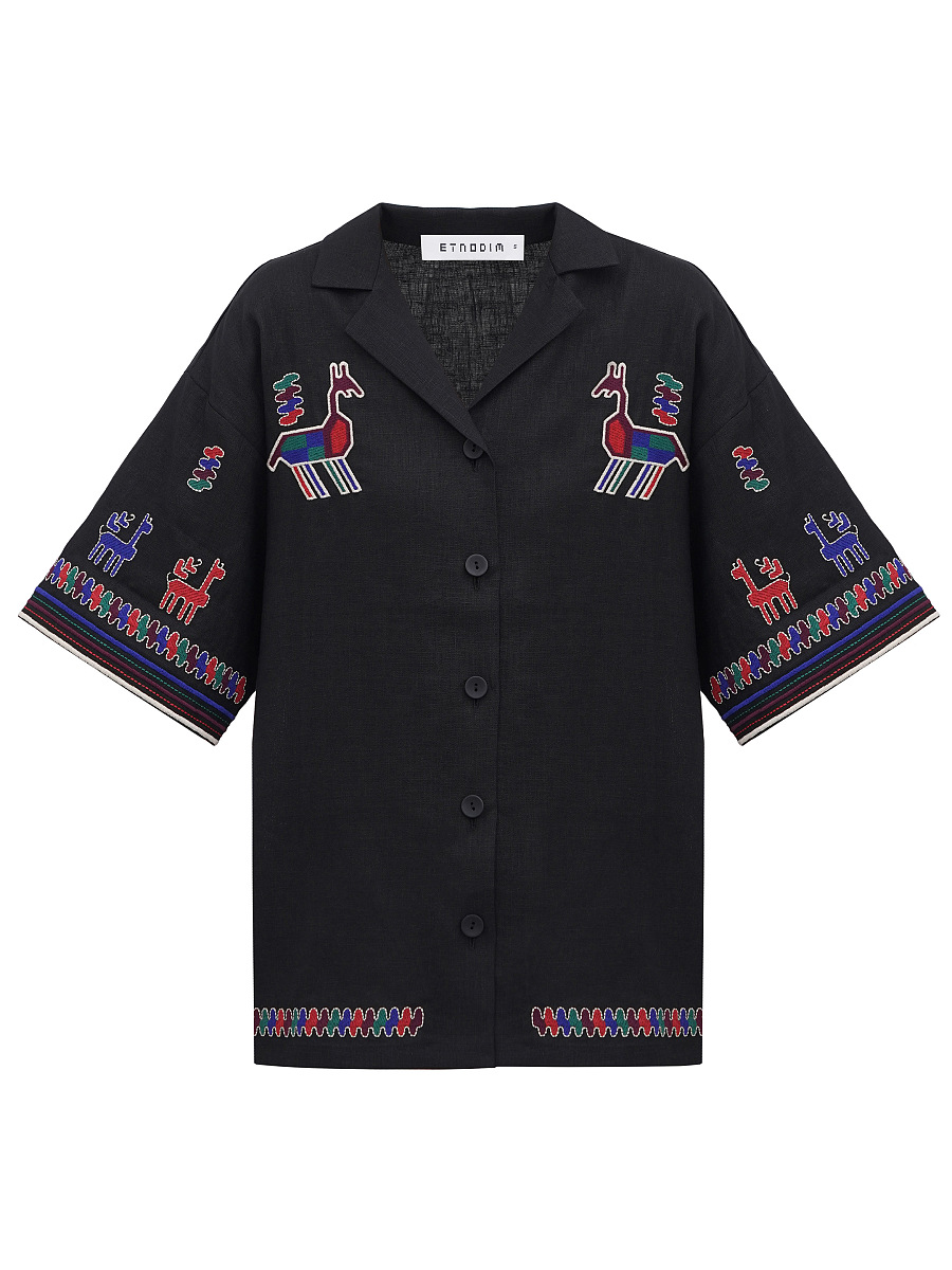 Linen shirt with short sleeves and embroidery Konyk dark [0]