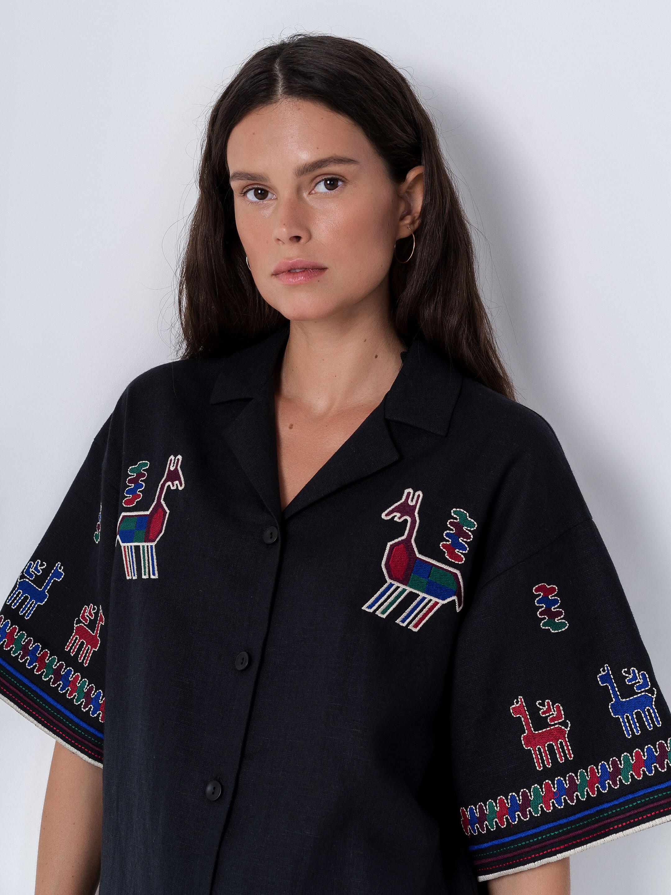 Linen shirt with short sleeves and embroidery Konyk dark cheap
