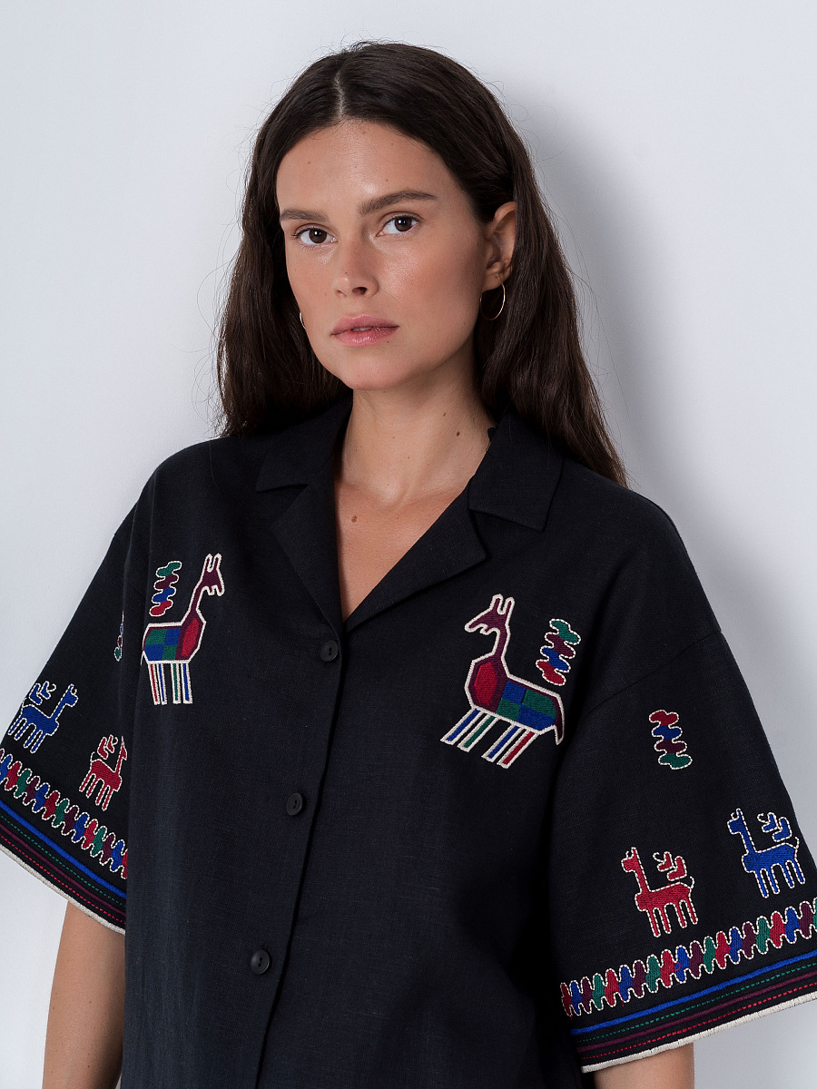Linen shirt with short sleeves and embroidery Konyk dark [0]