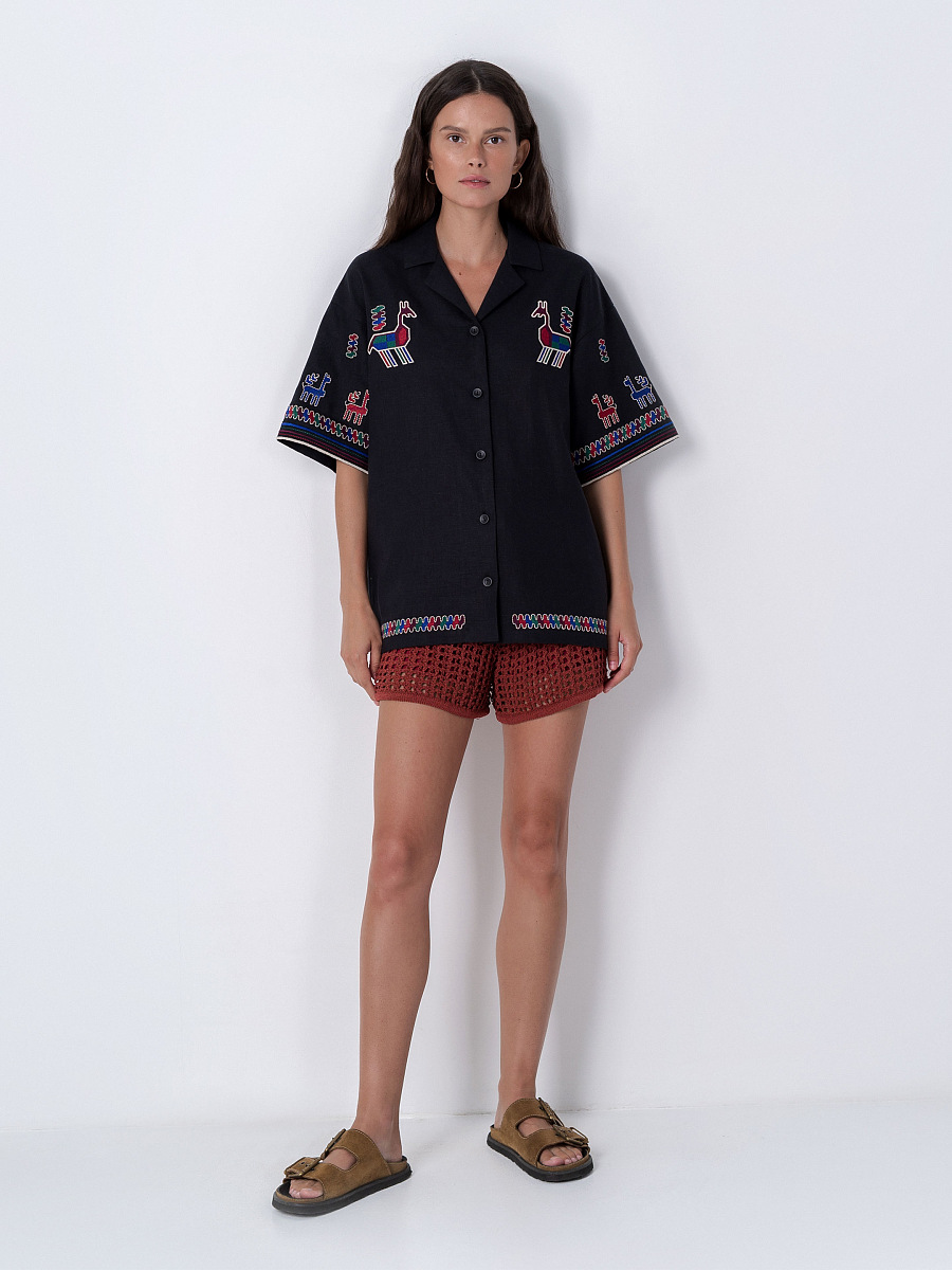 Linen shirt with short sleeves and embroidery Konyk dark [0]