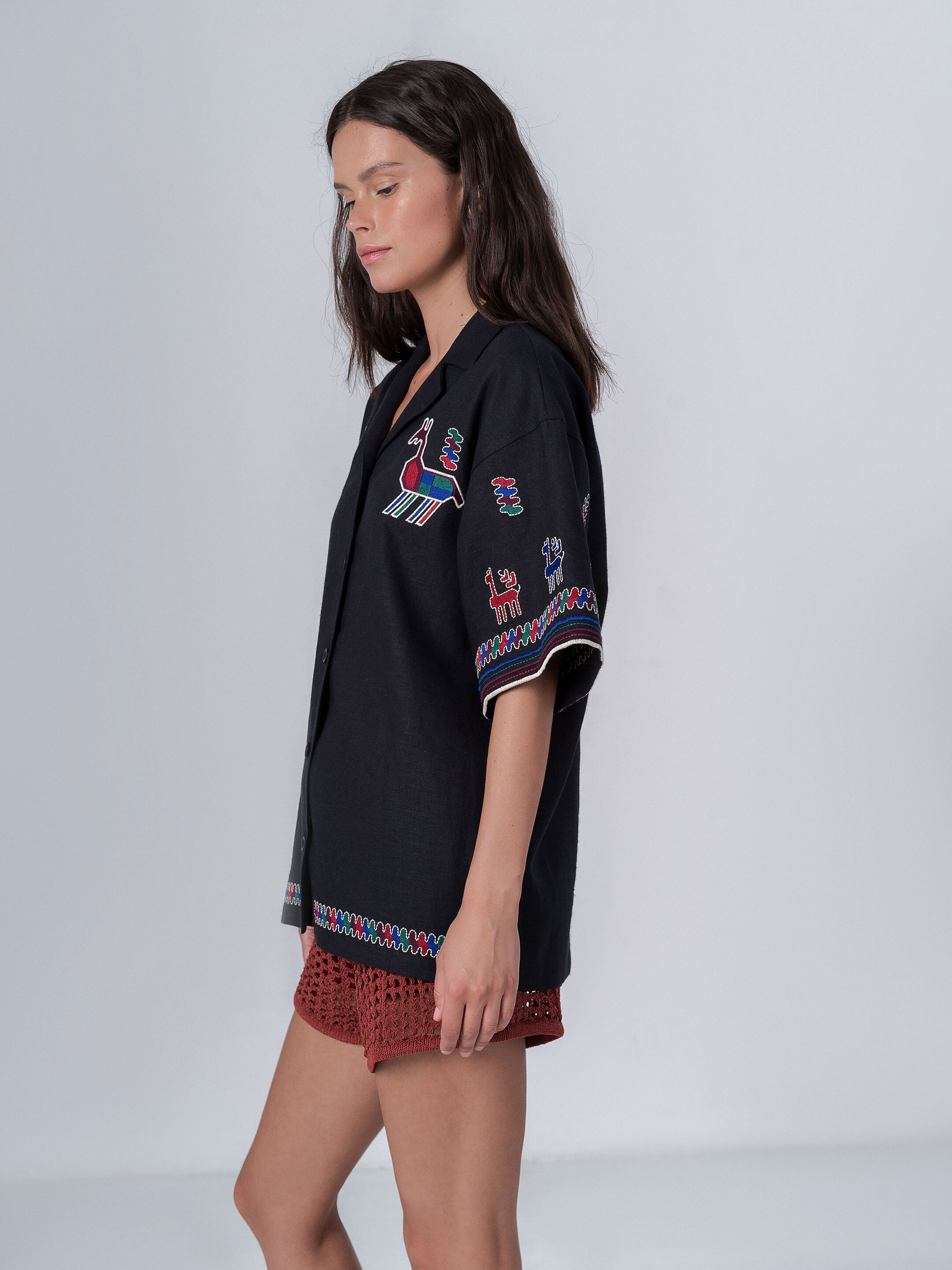 Linen shirt with short sleeves and embroidery Konyk dark choose