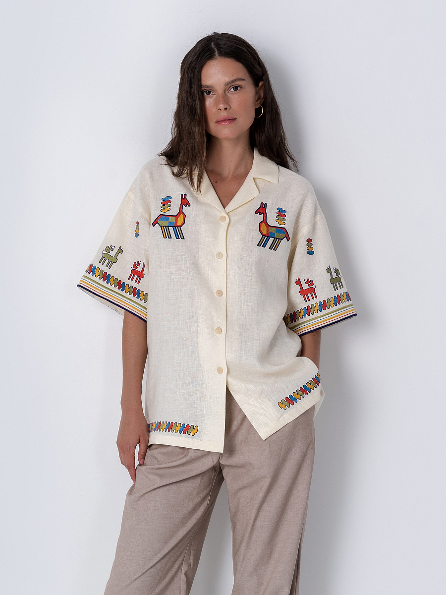 Linen shirt with short sleeves and embroidery Konyk [0]