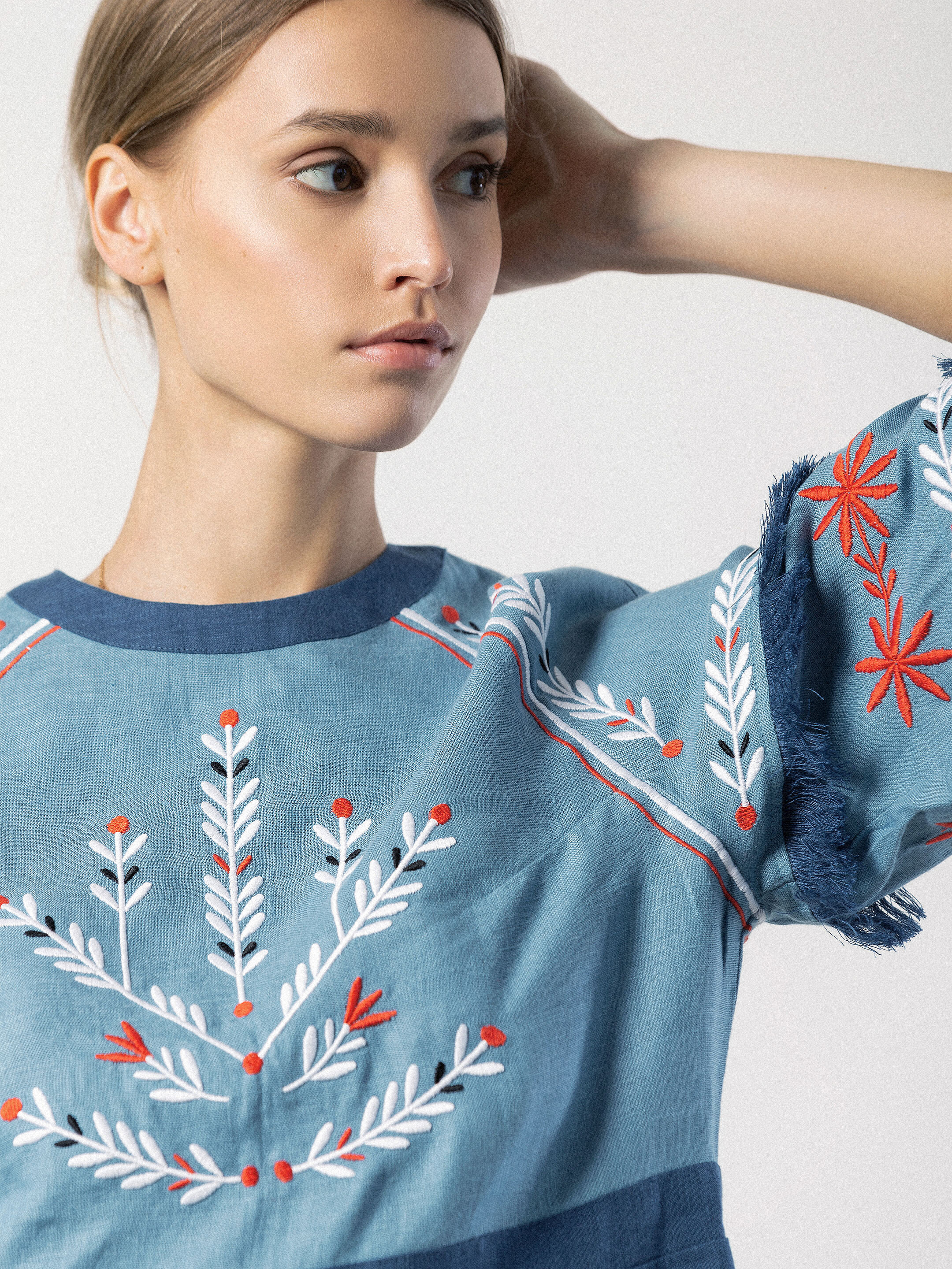 Short linen dress with embroidery Blue Bell cheap