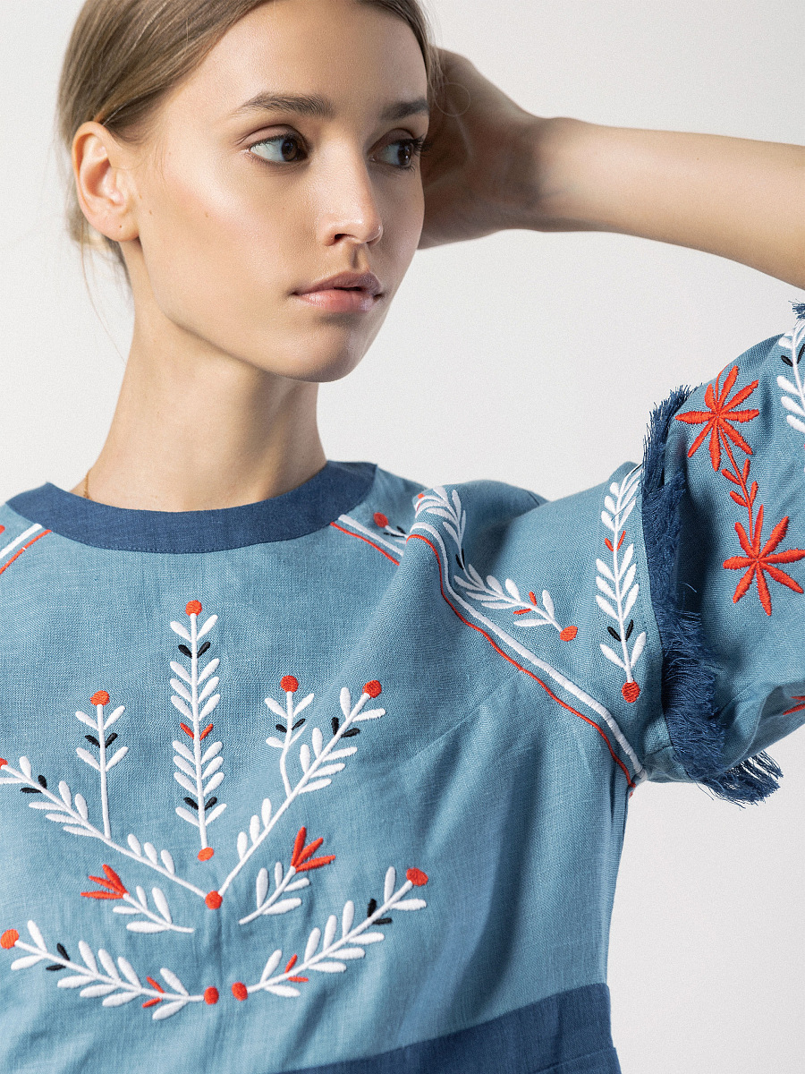 Short linen dress with embroidery Blue Bell [0]