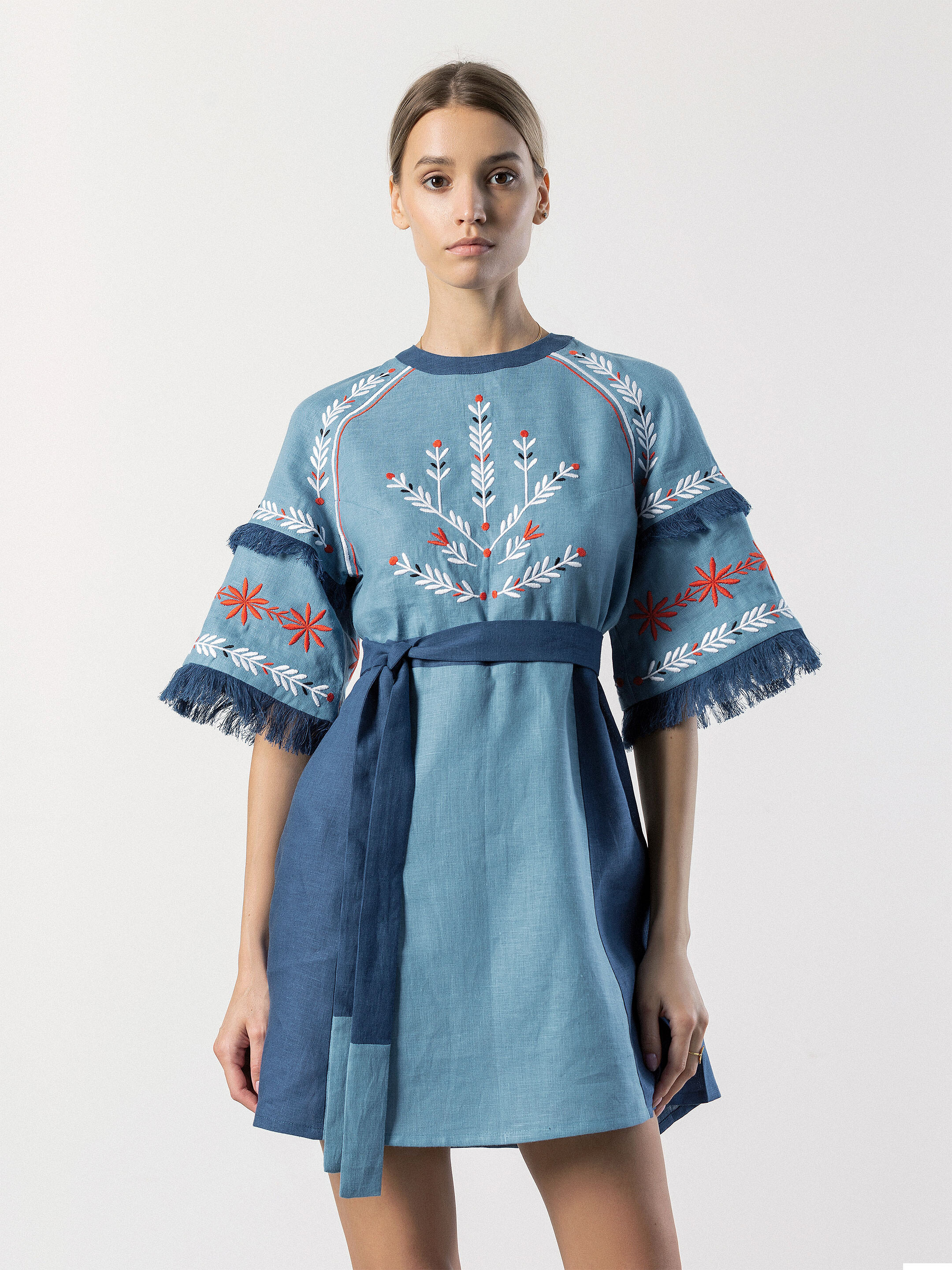 Short linen dress with embroidery Blue Bell Buy
