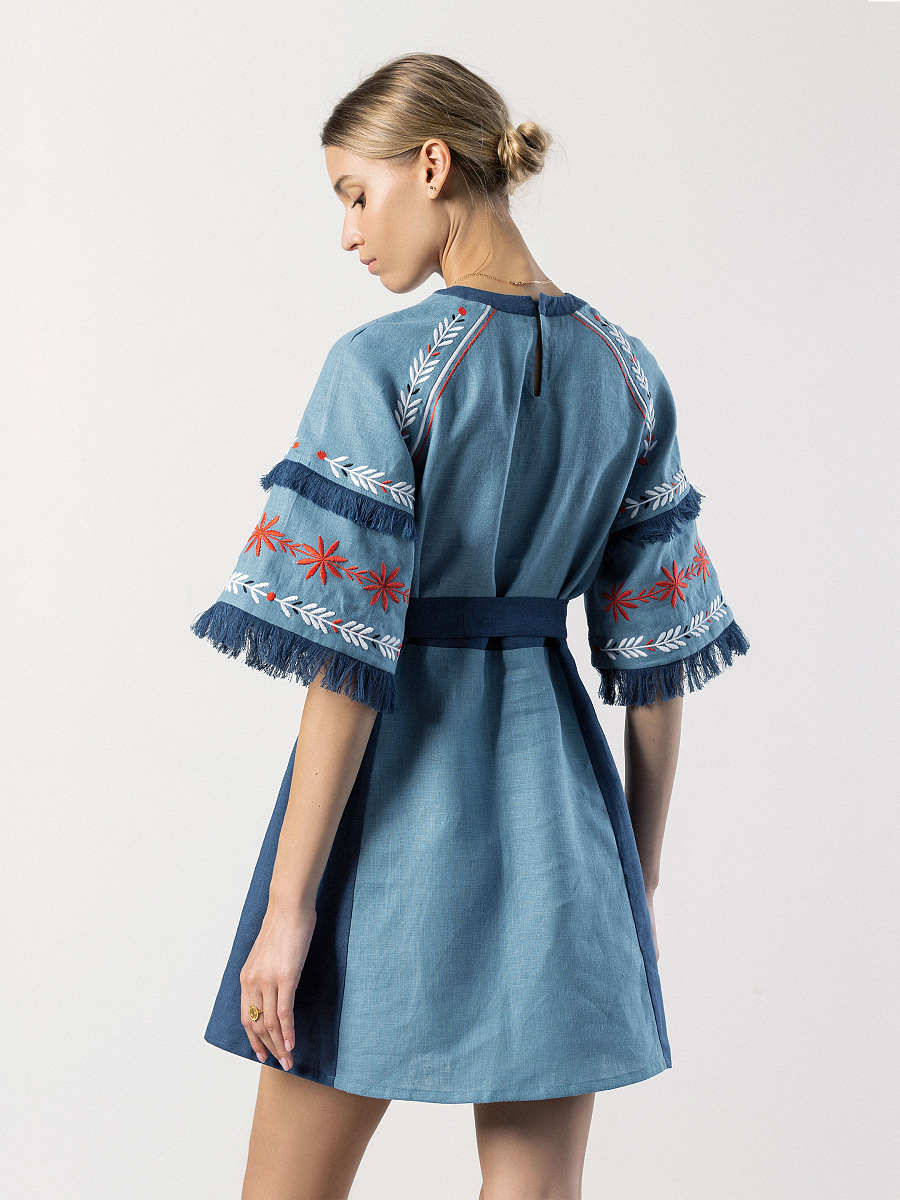 Short linen dress with embroidery Blue Bell [0]