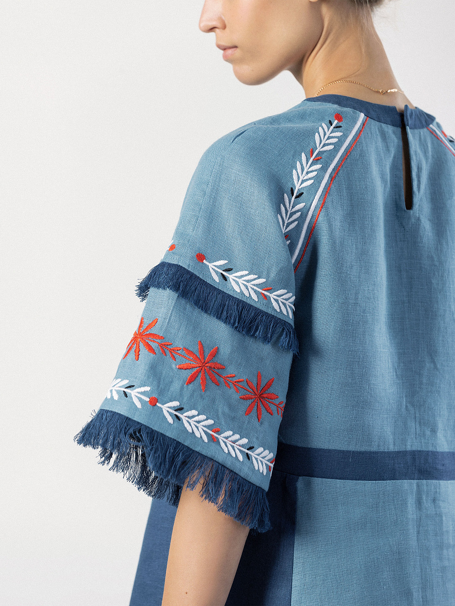 Short linen dress with embroidery Blue Bell [0]