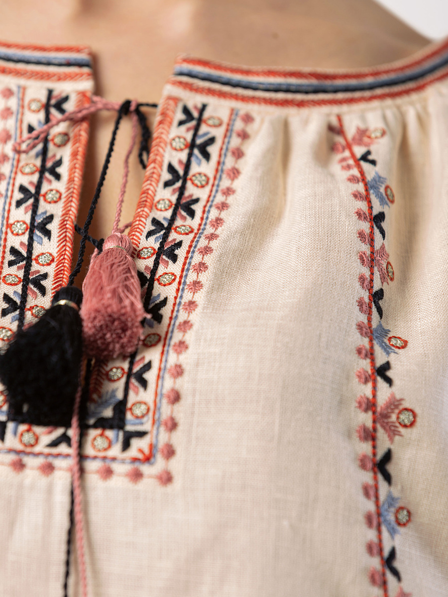 Embroidered shirt in beige linen with geometric embroidery Cream Soda [0]