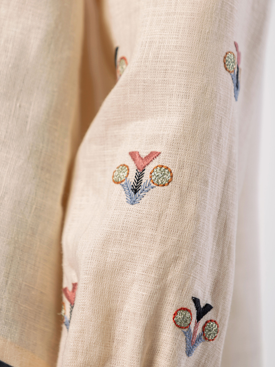 Embroidered shirt in beige linen with geometric embroidery Cream Soda [0]