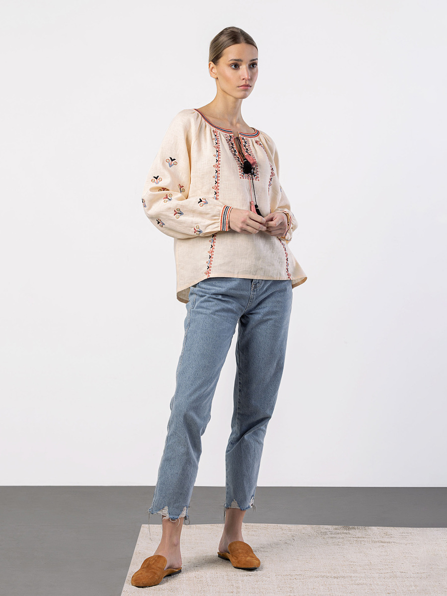 Embroidered shirt in beige linen with geometric embroidery Cream Soda [0]