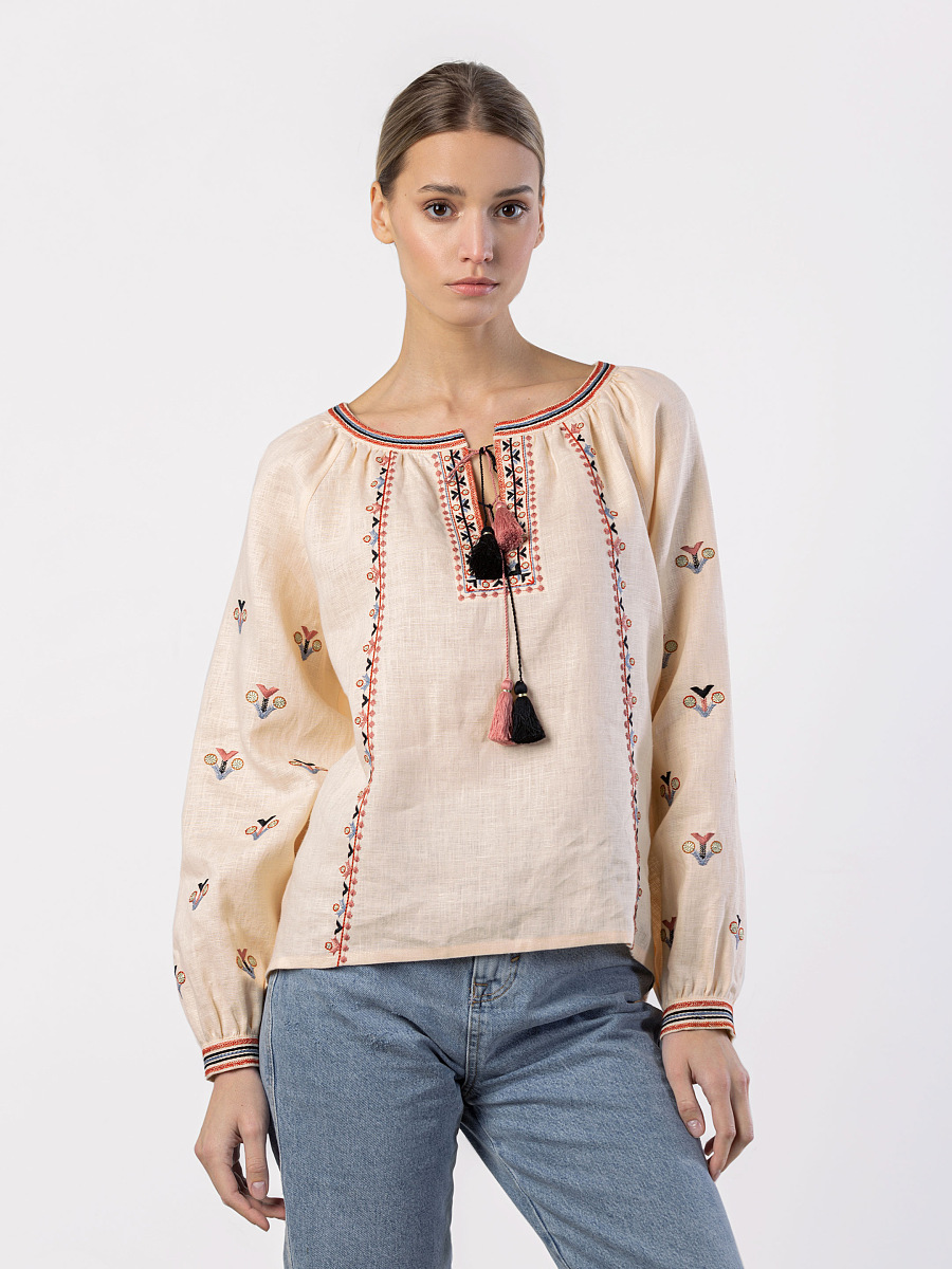 Embroidered shirt in beige linen with geometric embroidery Cream Soda [0]