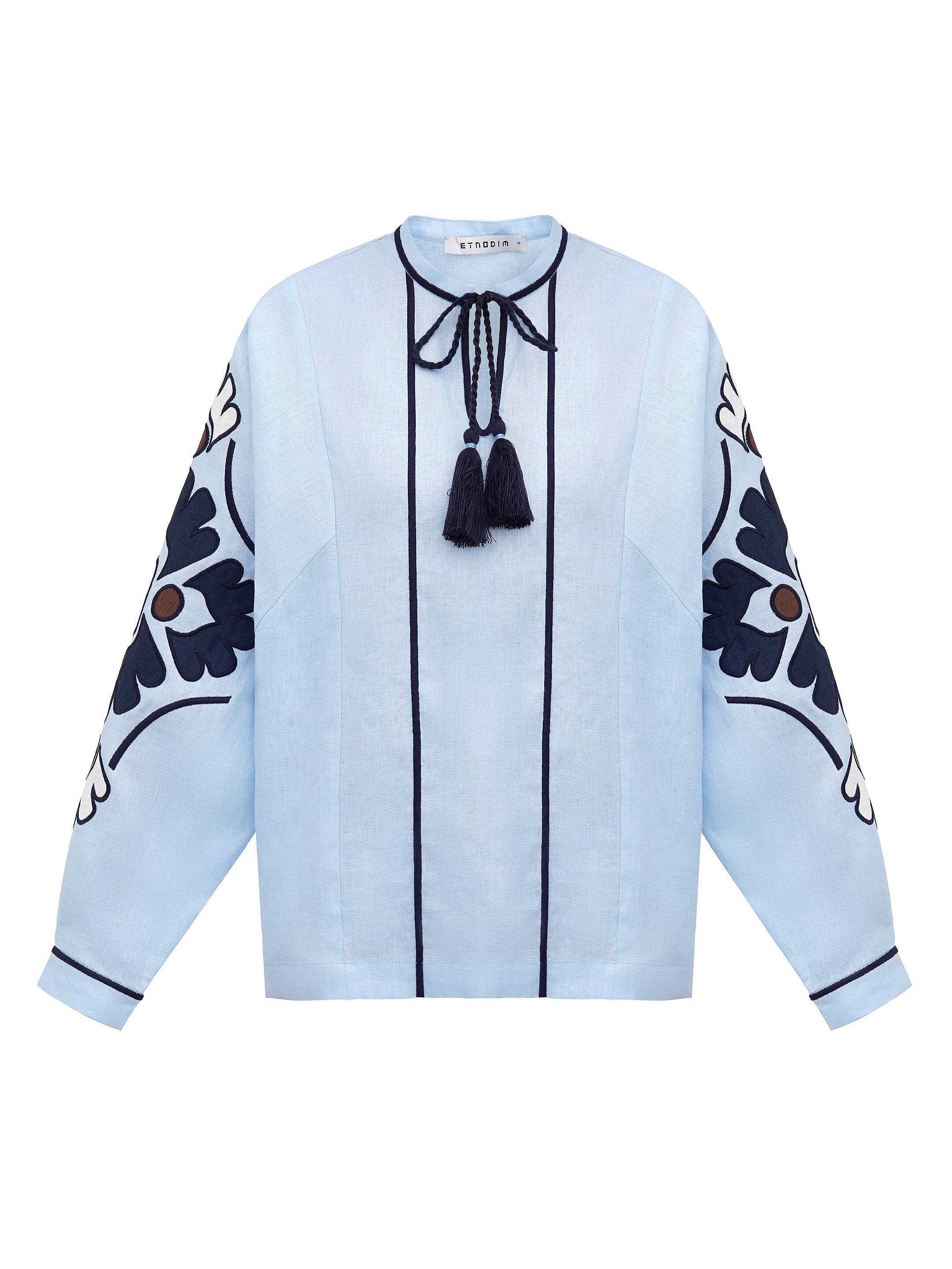 Embroidered shirt in blue linen Aqua fitting