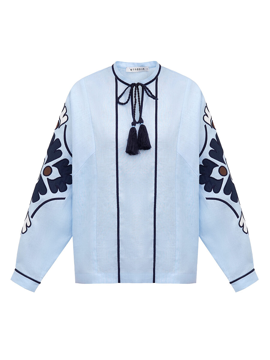Embroidered shirt in blue linen Aqua [0]