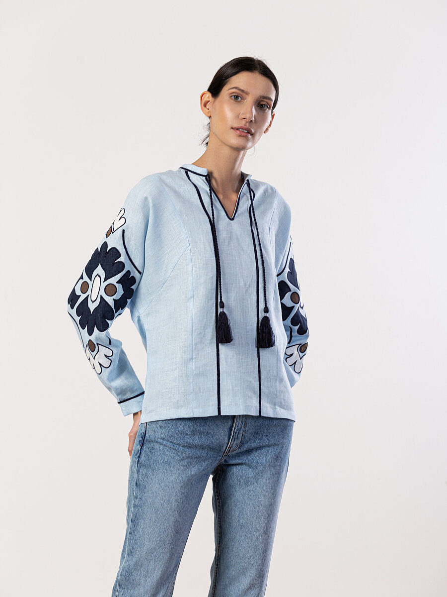 Embroidered shirt in blue linen Aqua [0]