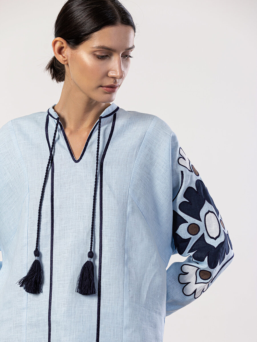 Embroidered shirt in blue linen Aqua [0]
