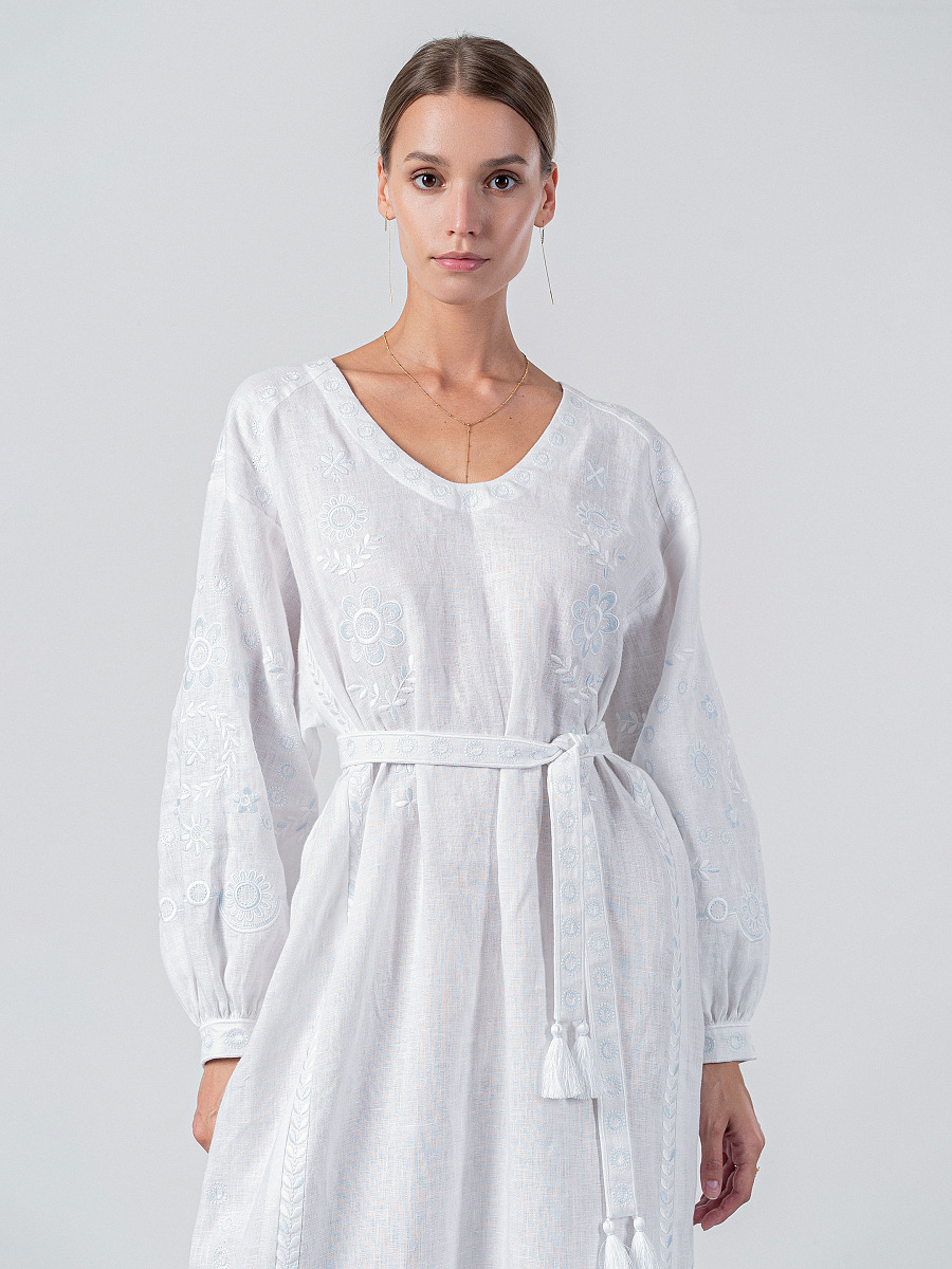 White linen midi dress with white and blue embroidery Rosa [0]